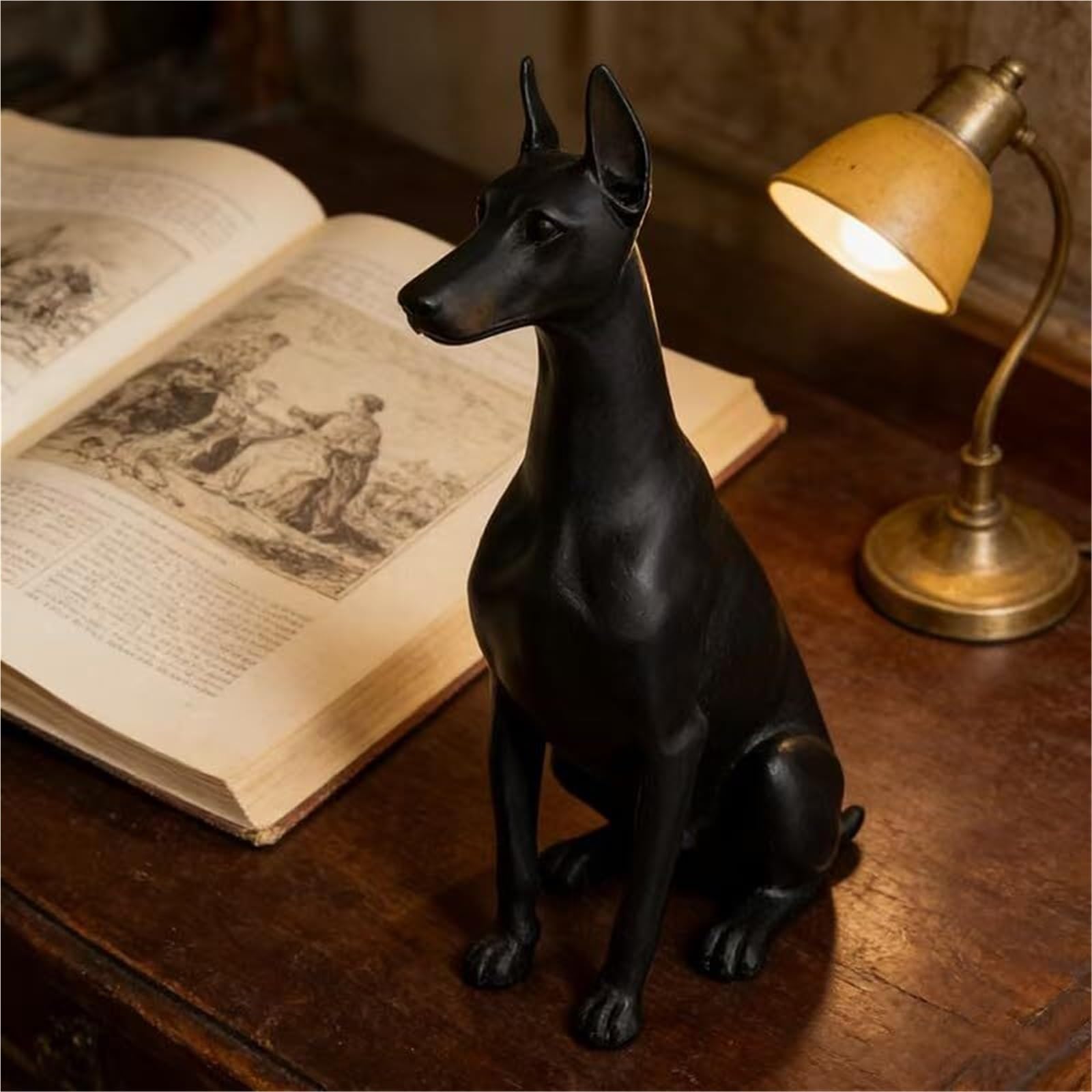 Dekoracja biurka dekoracyjna figurka psa dobermana z żywicy czarna pozycja siedząca dekoracja domu akcent Esculturas y Accesorios Decorativos
