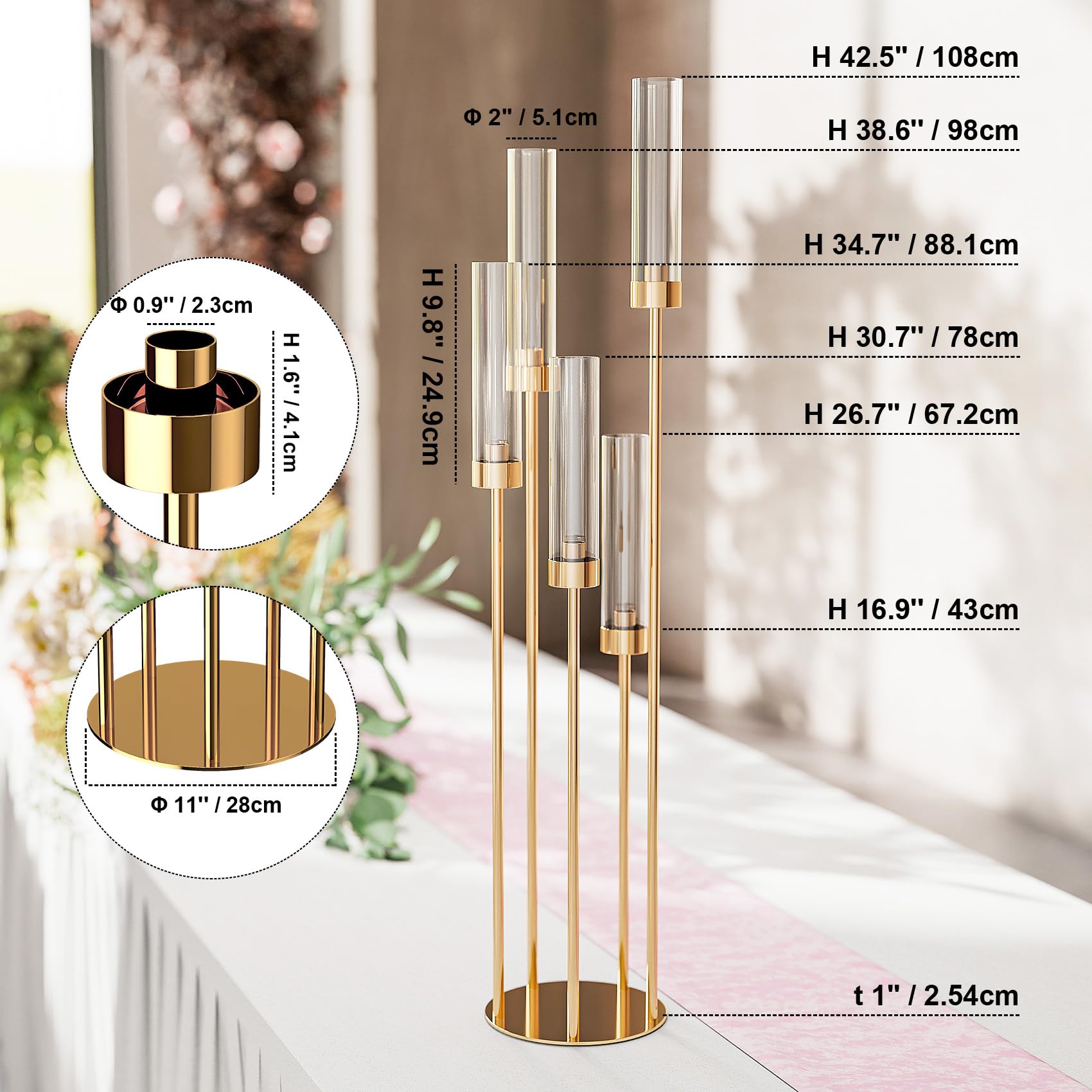 2er Set Kerzenständer 5 Arm für Hochzeitstisch,106cm Hohe Kerzenhalter mit Acryl Lampenschirm, Metall Gold Kerzenstöcke Halter für Party Home Dekoration Halloween Weihnachtstag