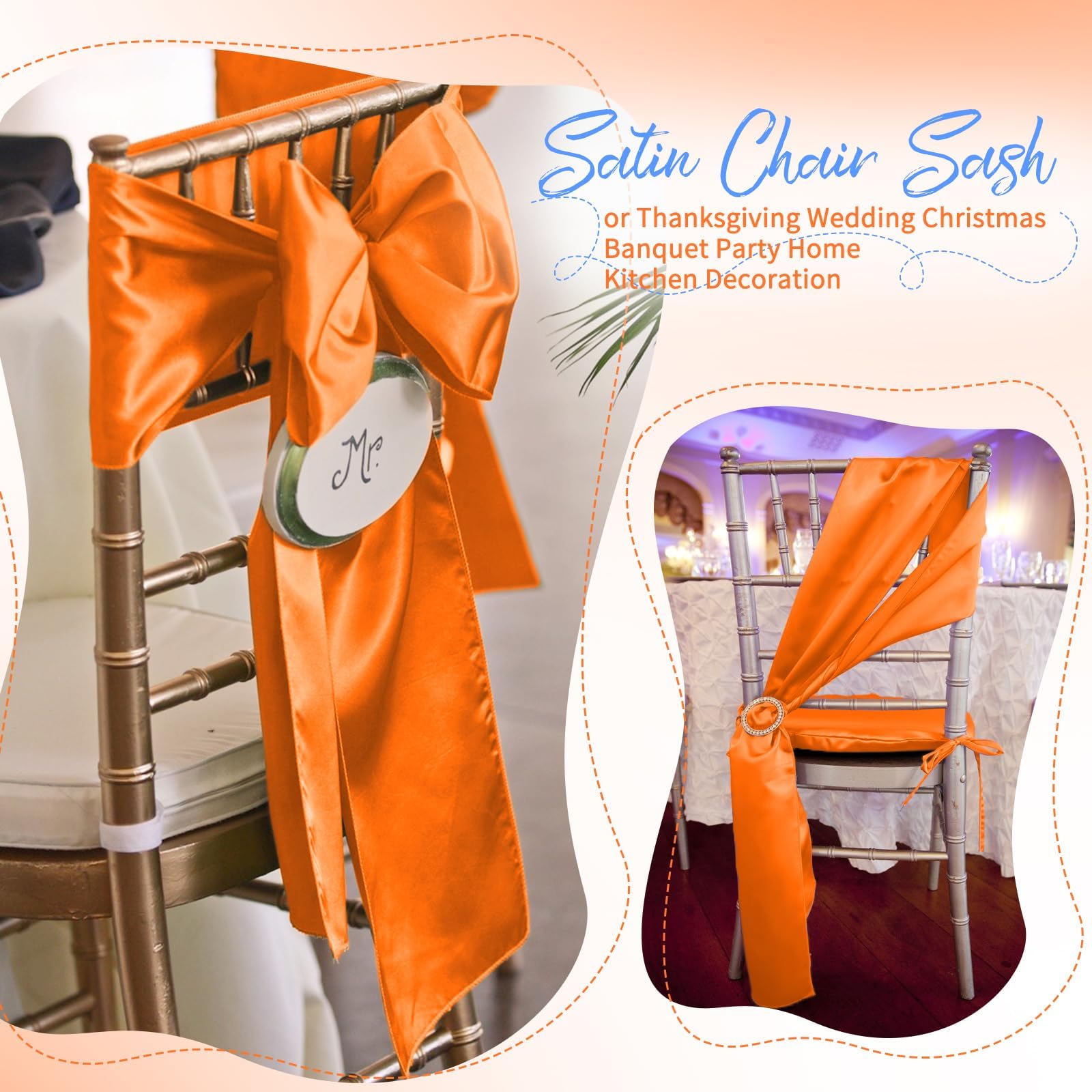 Lot de 60 rubans de chaise en satin orange avec nœuds conçus pour décoration de chaises, Thanksgiving, mariage, Noël, banquet, fête, décoration de la maison et de la cuisine (17,8 x 274,3 cm)
