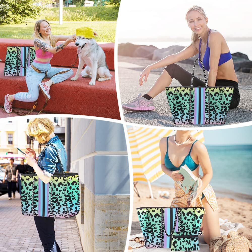 Beach Bag, Neoprene Tote Bag, Beach Bags Waterproof Sandproof, Multipurpose Large Tote Bag for Beach, Swimming, Gym Bag, Travel Bag （Gradient leopard)