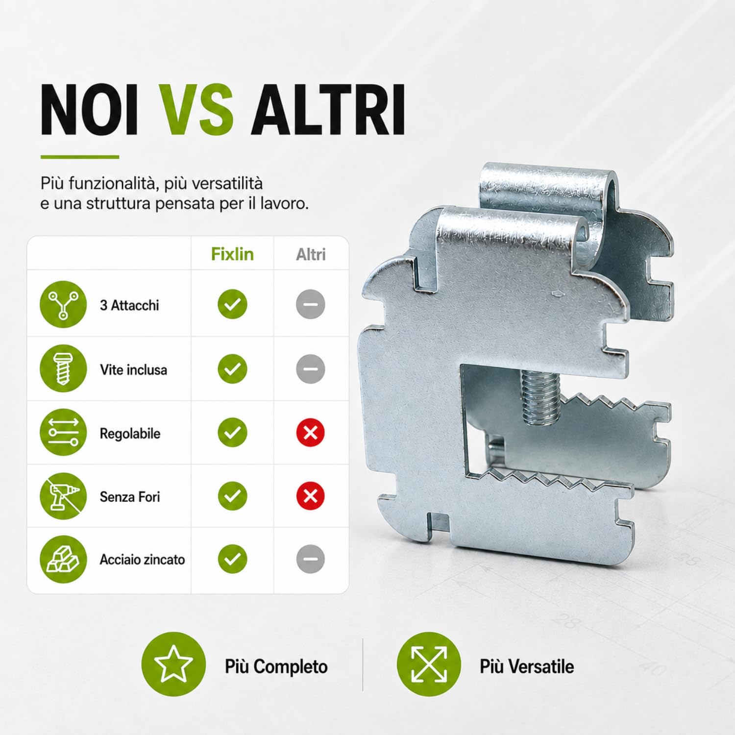Fixlin Morsetto in Acciaio Regolabile con Triplo Attacco per Blocca Profili 50/27 su Tubi e Putrelle Metalliche