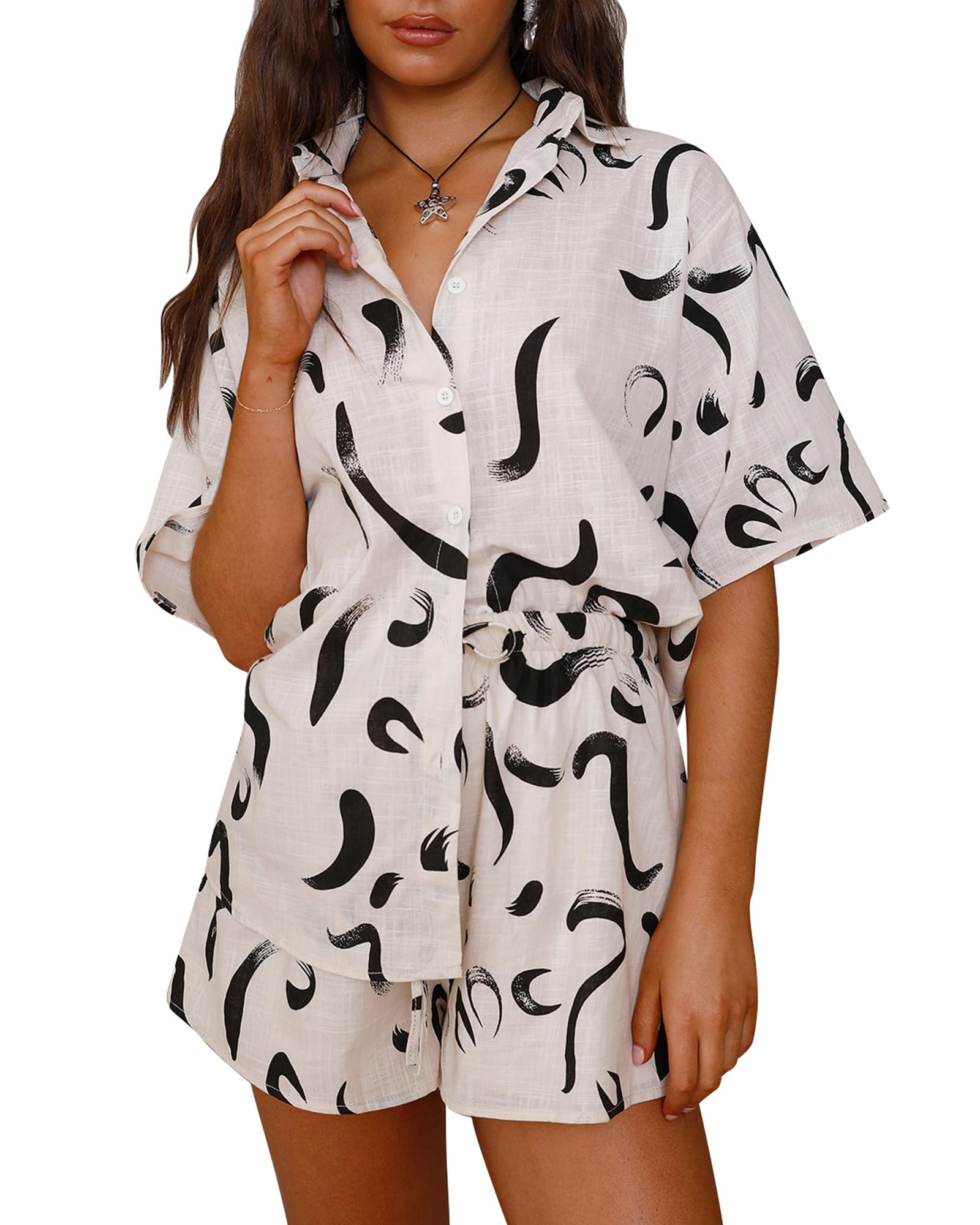 PRETTYGARDEN Women Summer 2 Piece Beach Outfits Printed Short Sleeve Tops Lounge Shorts Casual Tracksuit Set