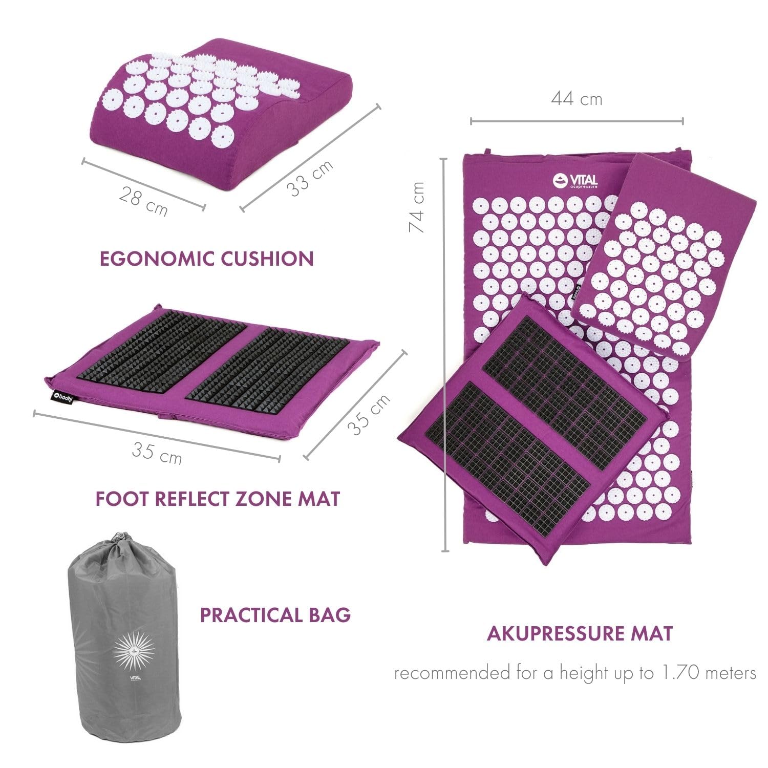 Set per agopressione Vital Deluxe (Spiky): agopuntura di Matte (74 x 44 cm) + Cuscino – e – Zerbino im Set conveniente, vitalisierende Relax-Matte per la schiena e collo, wohltuende rilassante