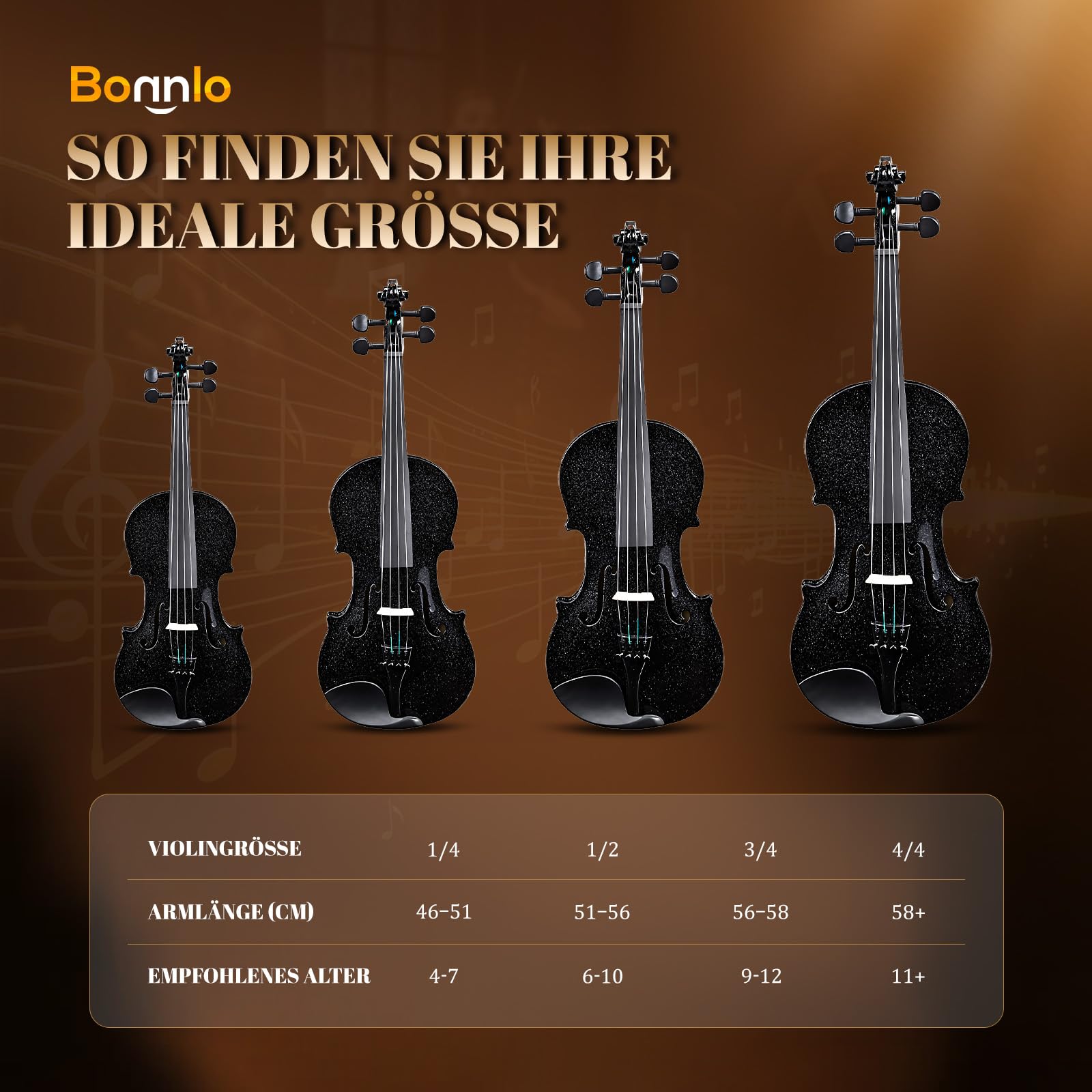 Bonnlo Violine Set 4/4, Violin Vollgröße aus Lindenholz für Anfänger, Geige mit Hartschalenkoffer, Bogen, Kolophonium, Ersatzsaiten & Schulterstütze, ideal für Erwachsene & Kinder, Schwarz