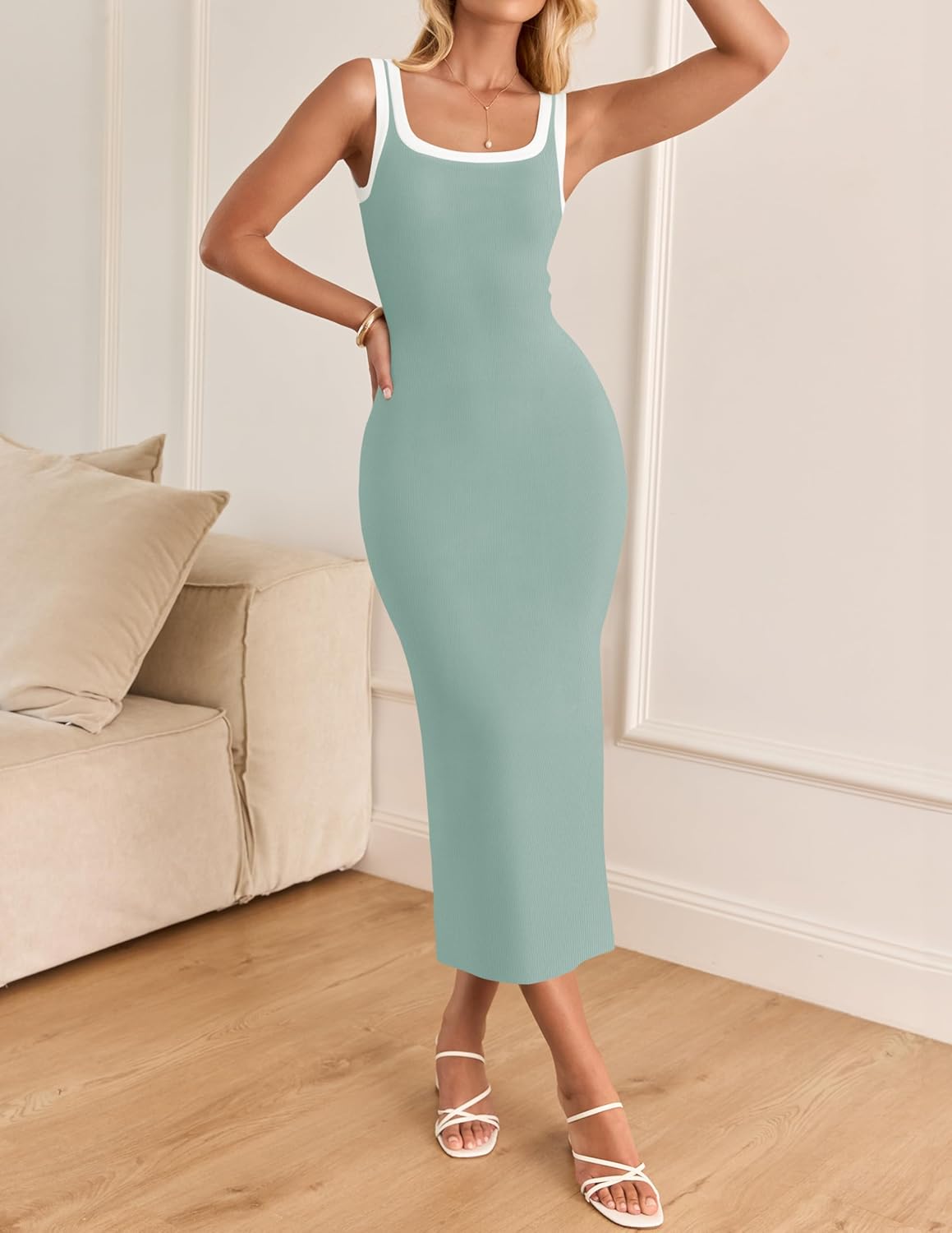 ZESICA Women's 2026 Summer Bodycon Midi Dress Casual Sleeveless Square Neck Side Slit Knit Beach Vacation Long Dresses - Image 8