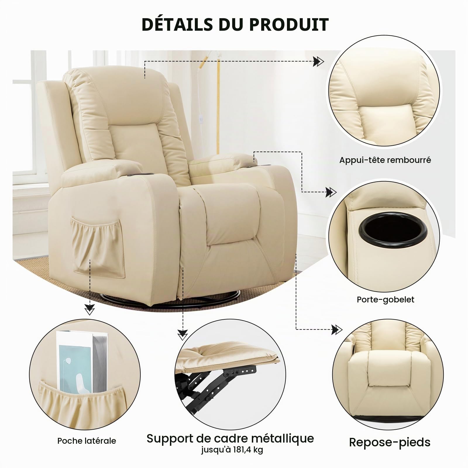 COMHOMA Fauteuil de relaxation avec dossier réglable et repose-pieds, fauteuil de salon pivotant à 360° en cuir synthétique avec porte-gobelets et poches latérales, soutien ergonomique pour tout le