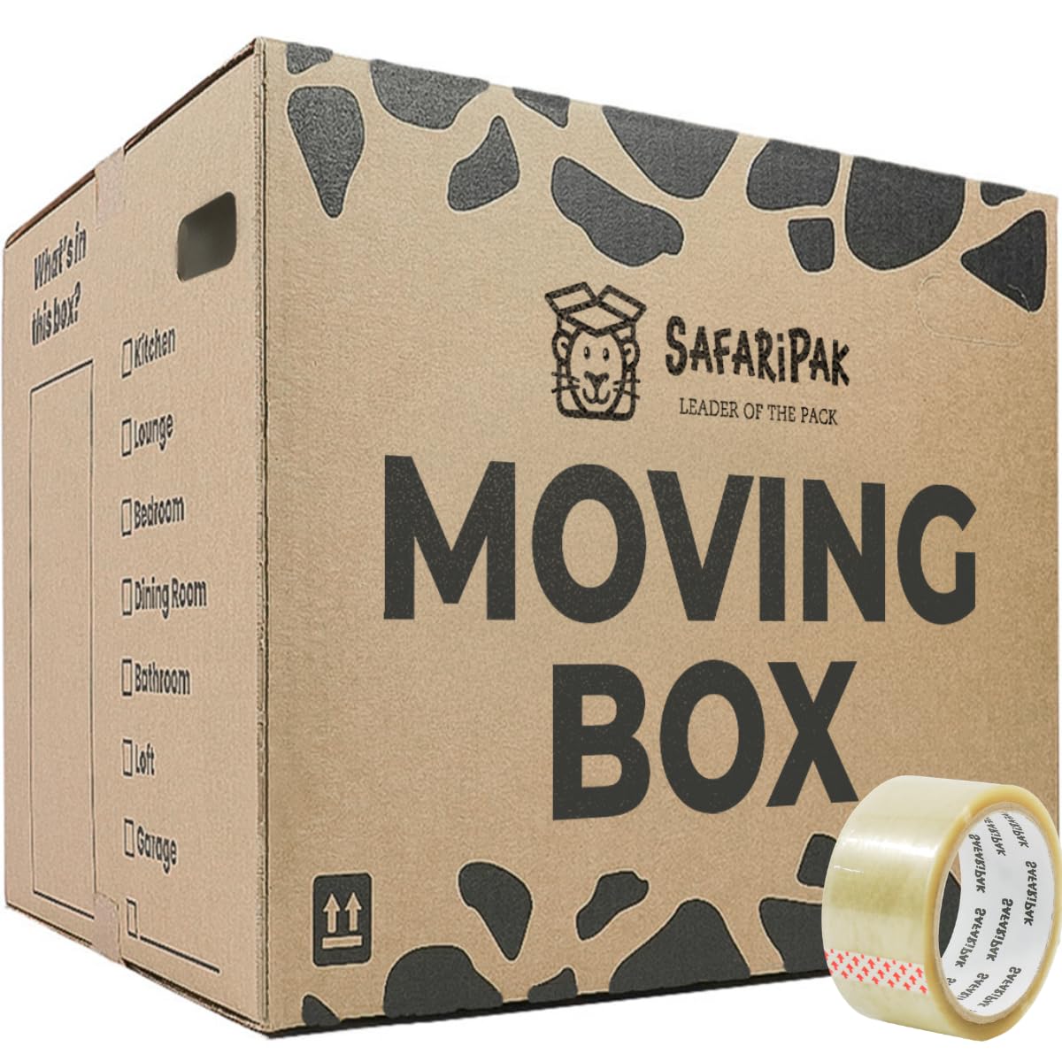 SAFARIPAK - 5 Pack Strong Extra Large Reusable Cardboard Storage Packing Moving House Boxes 52cm x 52cm x 40cm with Carry Handles & Room List Checkboxes - 108 Litres Capacity - Inc 66m Roll of Tape