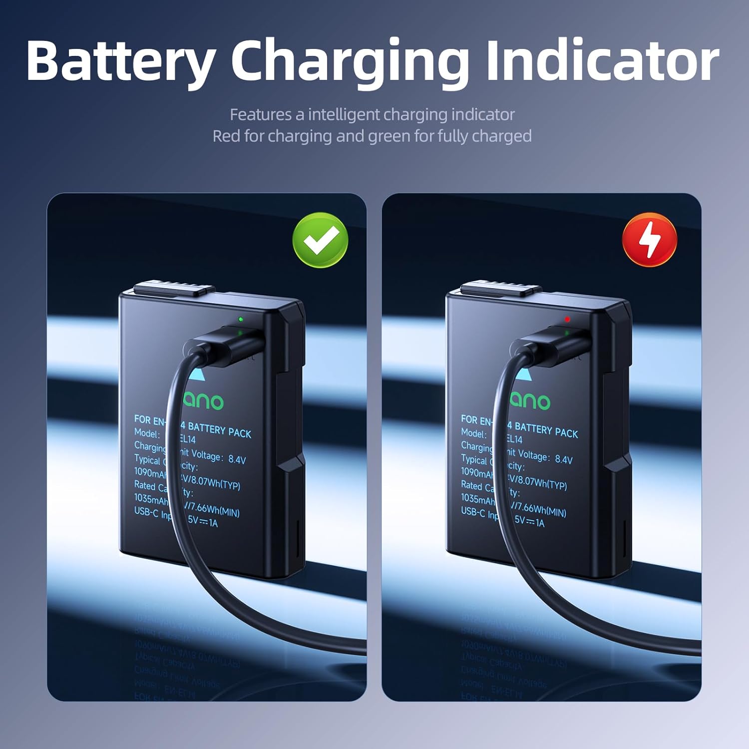 llano 2 Pack USB-C EN-EL14 EN-EL14a Battery, Fully decoded for Nikon D5600 D3500 D5300 D3400 D3200 D3100 D5500 D3300 D5200 D5100 Cameras, 1090mAh Capacity, Fast Rechargeable