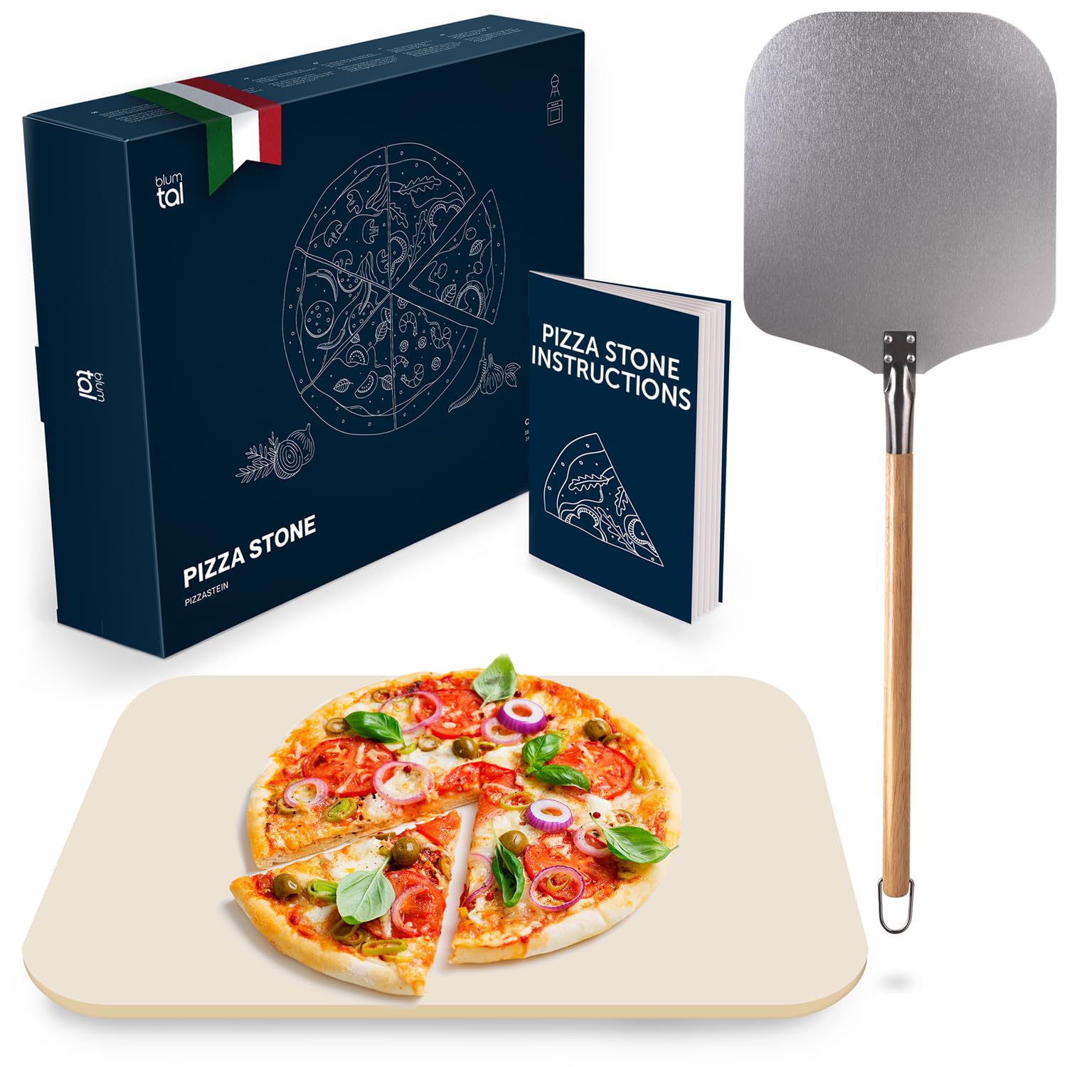 Blumtal - Pierre a pizza en cordiérite pour four et grill à gaz pour une cuisson homogène, une pâte croustillante et une pizza traditionnelle - Pelle a pizza professionelle inclus