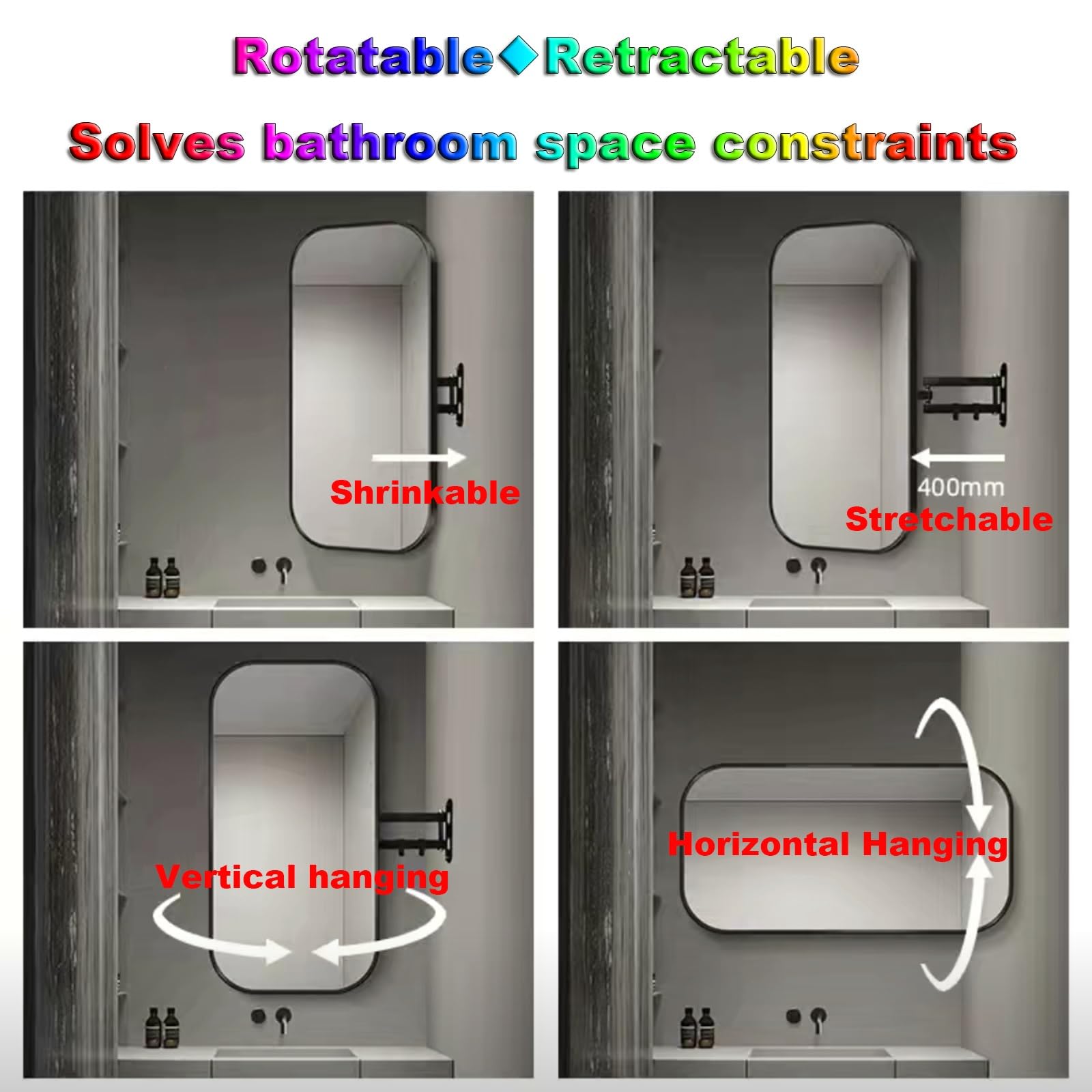 Specchio Espejo de pared rectangular giratorio de 360°, espejo de maquillaje con marco de metal de alta definición, espejo de baño retráctil con función antiexplosión, elegante y funcional (color