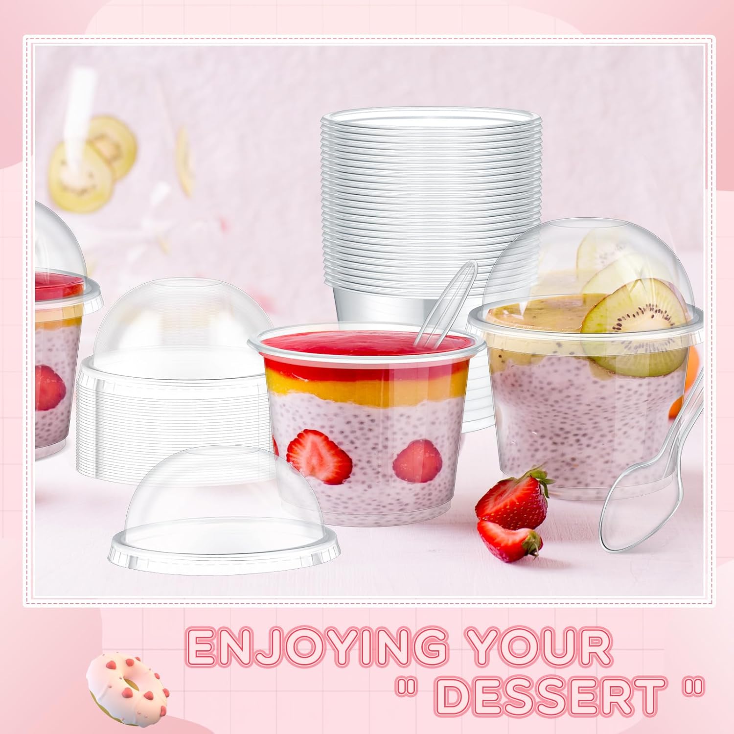 Layhit 150 Pack Clear Dessert Cups with Dome Lids and Spoons, Plastic Parfait Cups with Lids for Yogurt, Fruit, Ice Cream, Mousse, Muffin, Party Supplies for Wedding, Graduation(10oz)