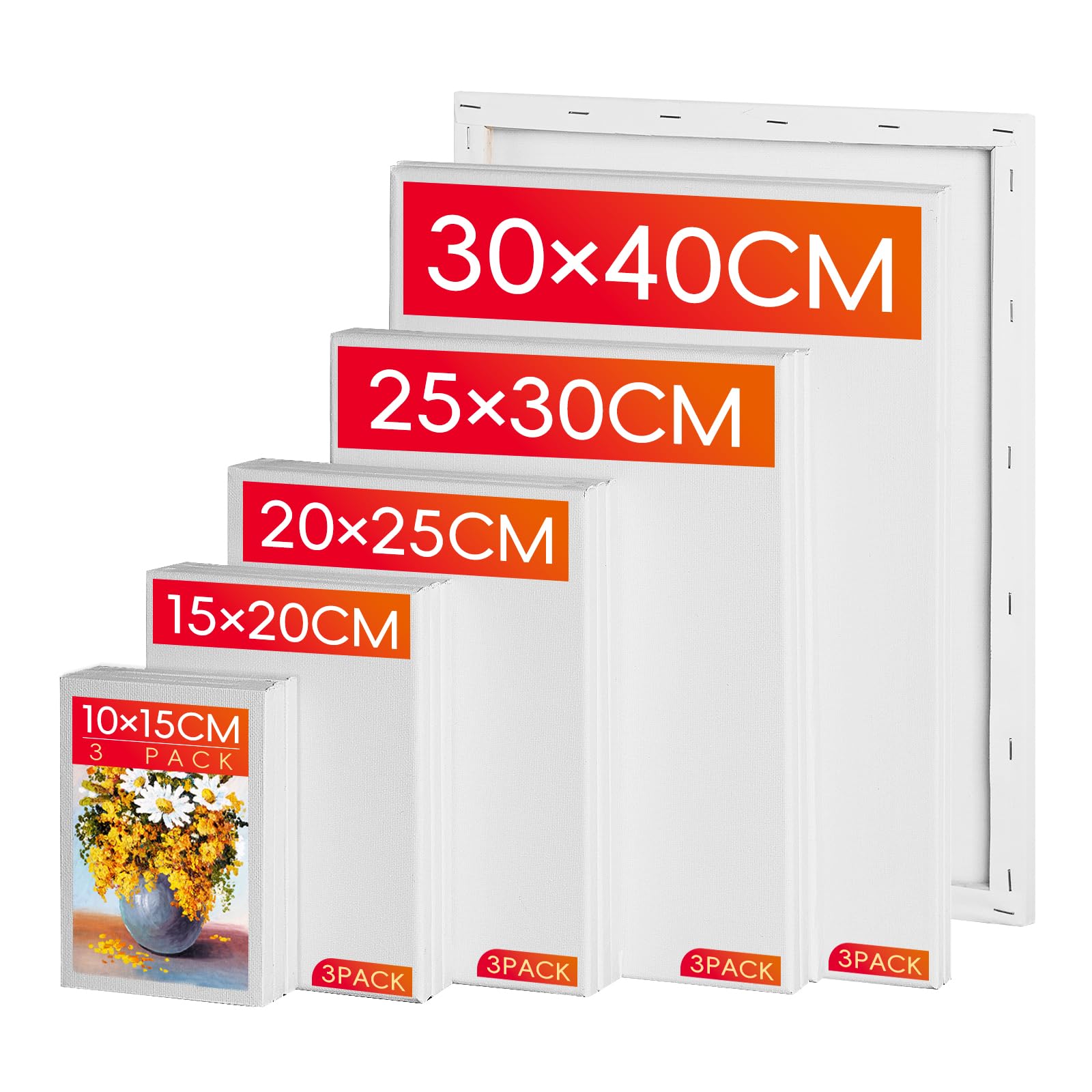 Stretched Canvas for Painting, 15 Pack 280GSM Cotton Canvases on Pine Wood Frames, Multi Size 10x15–30x40cm, Acid-Free & Triple Primed for Acrylic, Oil & Watercolour, Artists & Beginners