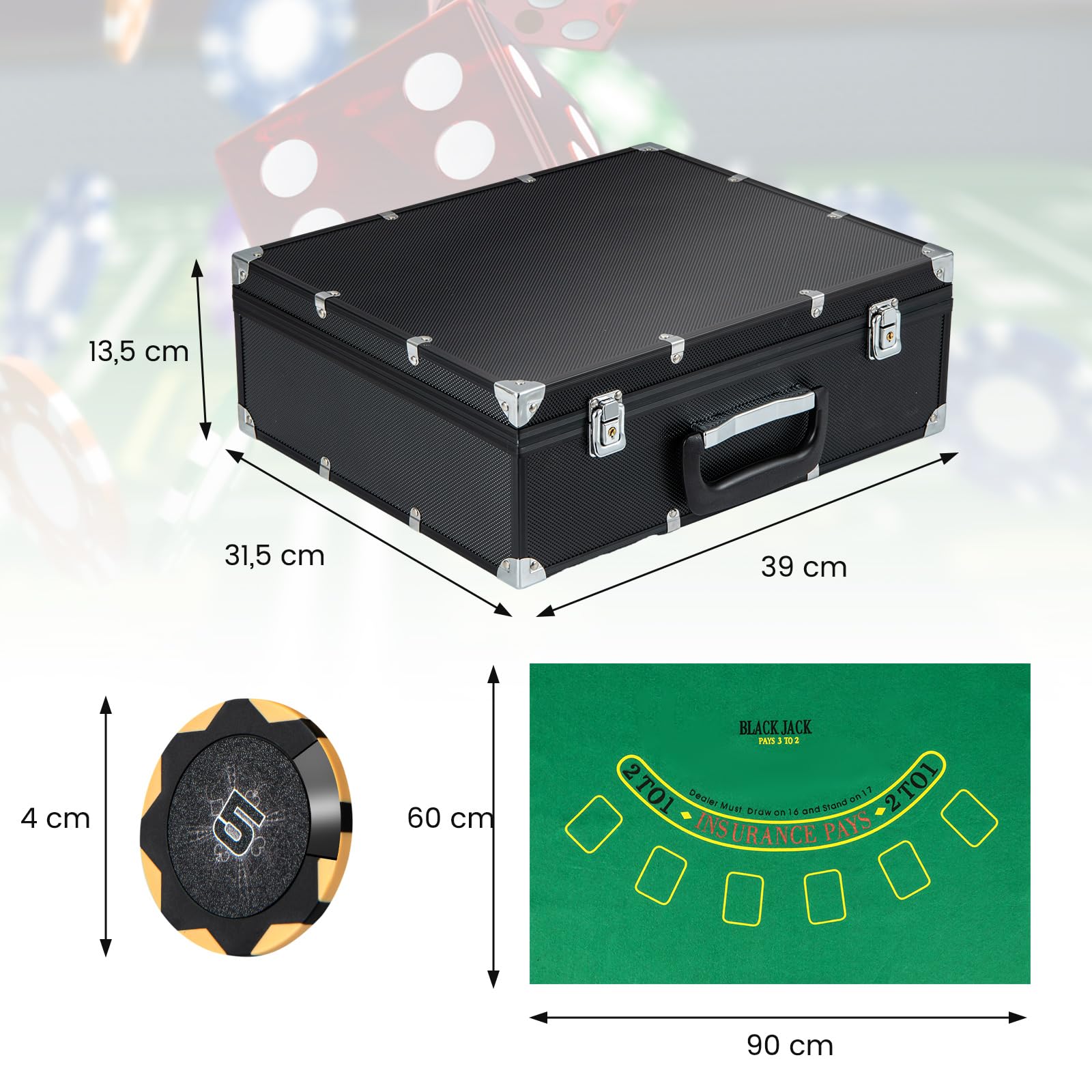 COSTWAY Pokerset 600 Chips, pokerkoffer met 6 kaartensets, 5