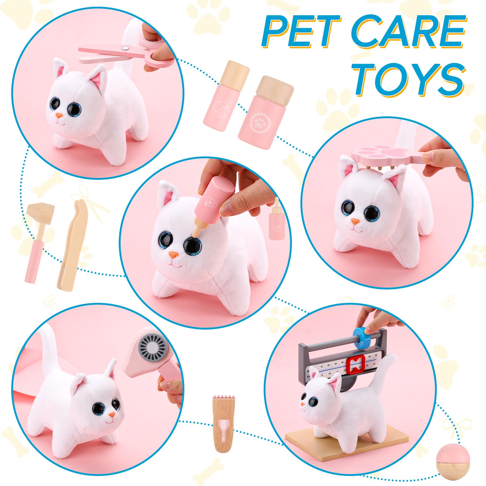 UMU® 37 giocattoli veterinari in legno per bambini con gatto in peluche, stetoscopio, misuratore di pressione sanguigna ecc. Giocattolo veterinario per bambini e ragazze di 3, 4, 5 anni
