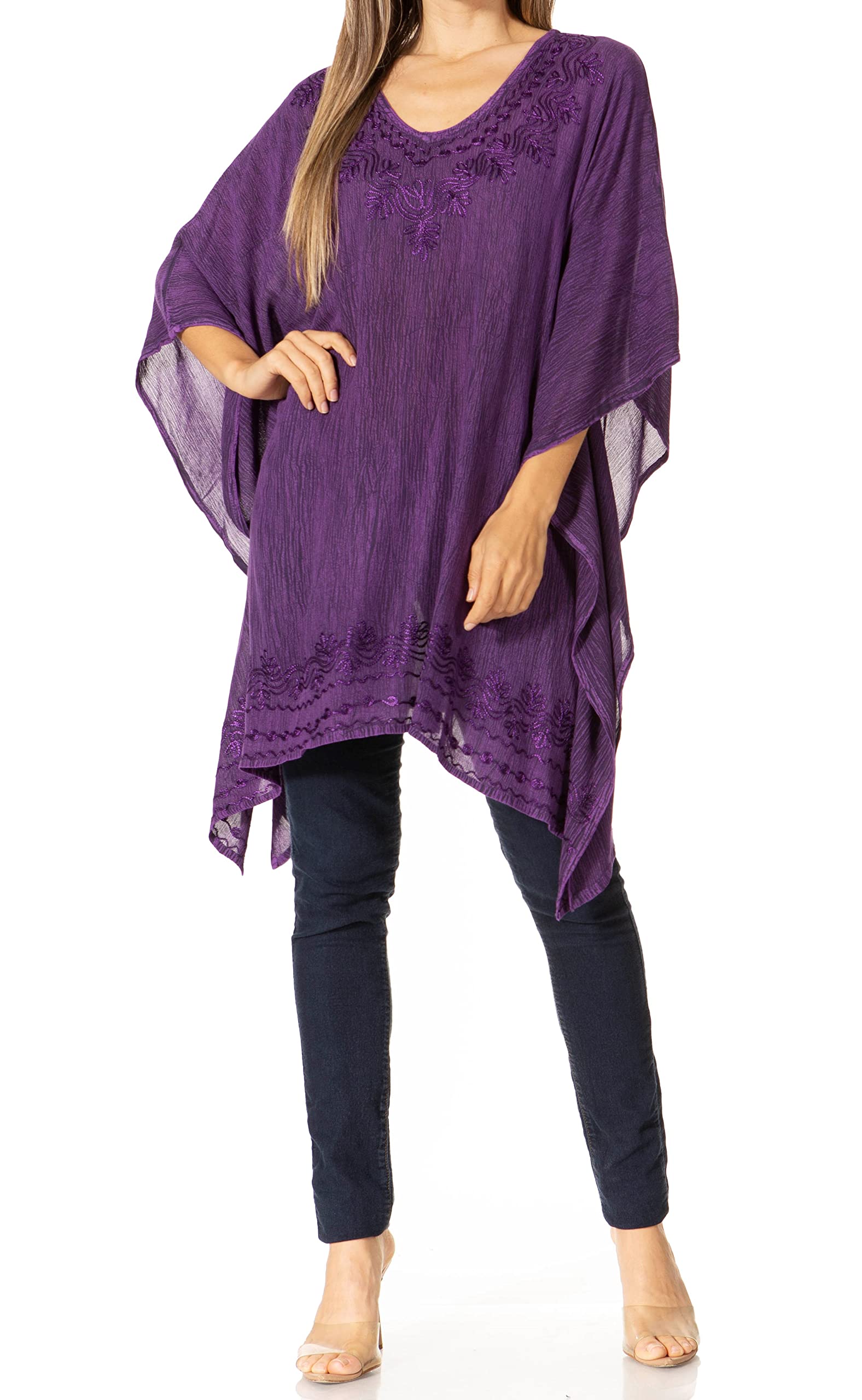Sakkas Women's A-Purple K2022s - Wren Lightweight Circle Poncho Top Blouse With Detailed Embroidery - Os