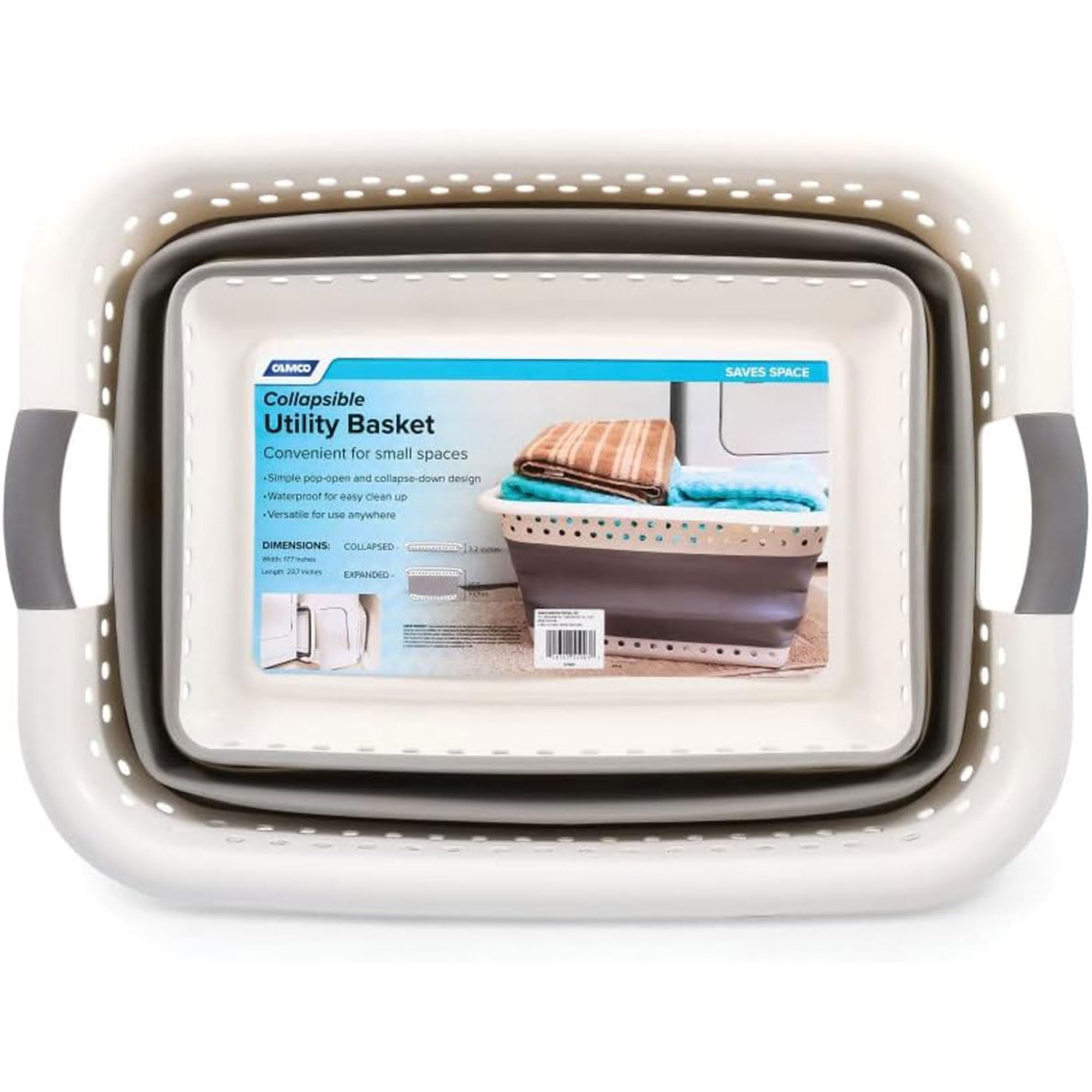 Camco Collapsible Utility Laundry Basket - Waterproof Design Easily Fits Into Compact Spaces | Great for Traveling, RVs, Trailers Camping, Dorms, Small Spaces and More - (51903), White/Gray, Large