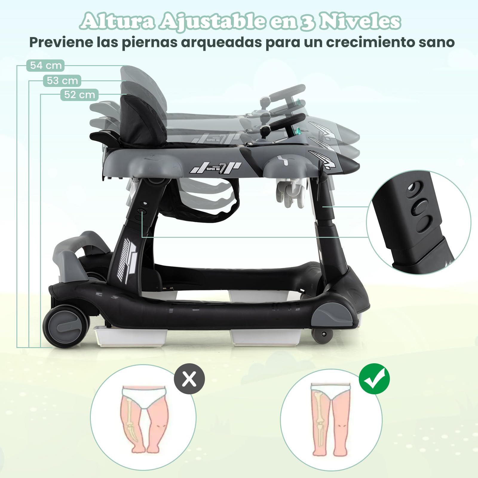 RELAX4LIFE 6 en 1 Andador Bebés Plegable con Altura y Velocidad Ajustables, Tacata Bebe con Asiento Acolchado, Música, Luces y Bandeja de Juguetes para Niños 6-18 Meses, 72,5x64x52/53/54cm (Gris)