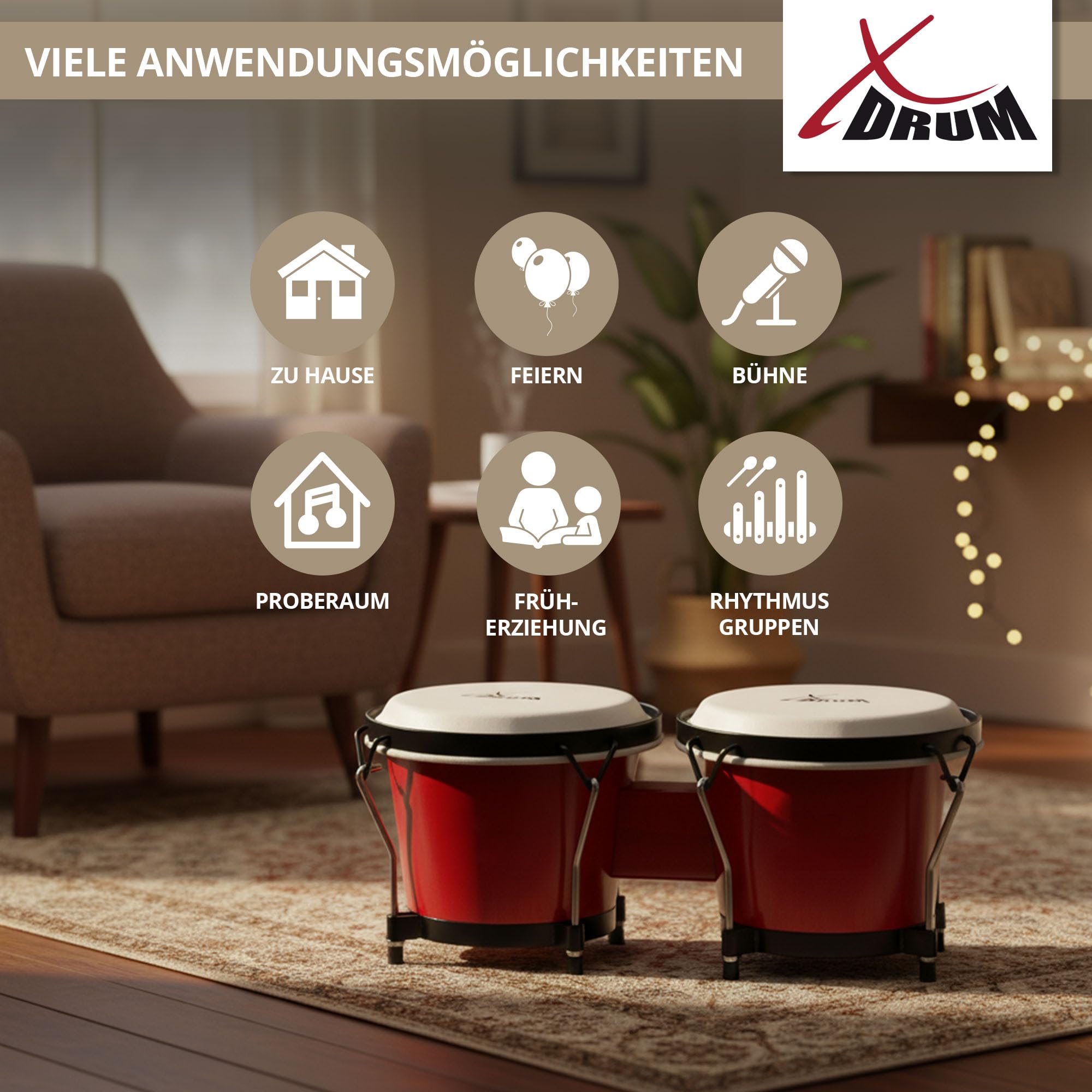 XDrum Bongos Club Rojo Vino SET incl. Bolsa para Bongos, Pieles naturales | 2 tambores ("macho" y "hembra"), Tamaños de bongos: 6" y 7", Madera: abedul, Herrajes cromados, Medidas (Al x An x Pr): 16