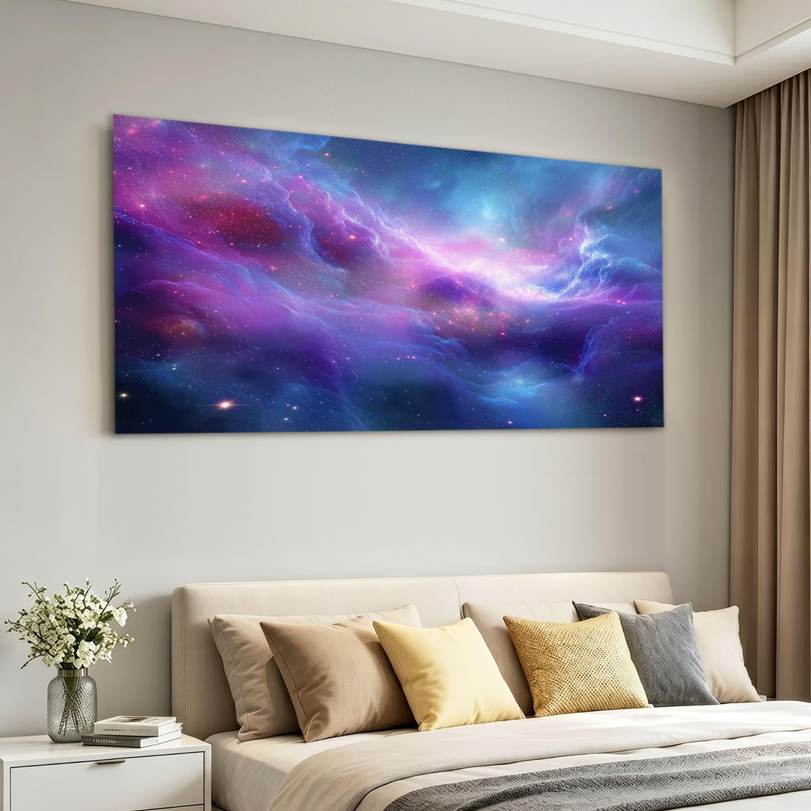 Stampe su tela da parete, 120 x 60 cm, motivo: nebulosa viola, cielo stellato, universo, decorazione da parete per camera da letto, soggiorno, corridoio o ingresso