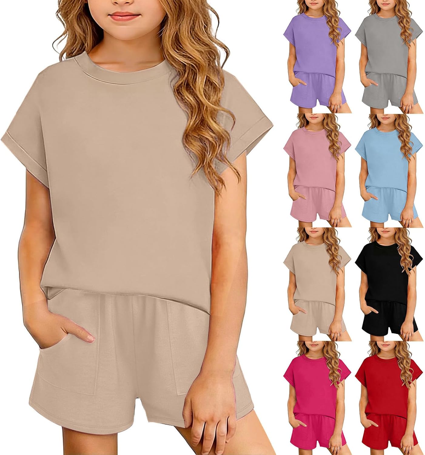 Girls Versatile Basic Solid Short Sleeve T-Shirt and Shorts Summer Athletic Two Piece Outfits for 4-13 Years