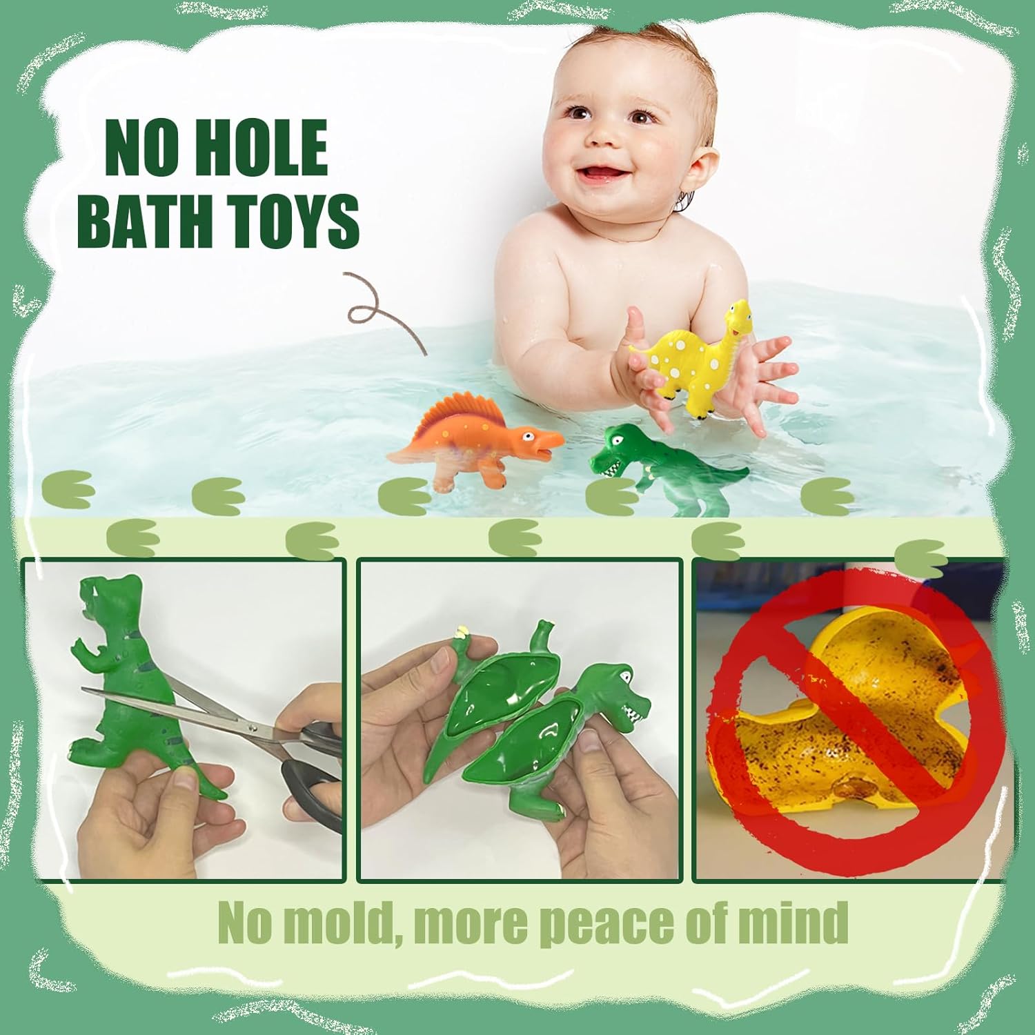 Dinosaurs Toys for Toddlers 1-3, No Hole Bath Toys for 18 Months, 3Pcs Soft Rubber Dino Bath Toy for Kids Age 1-3 with Storage Bag, Easy-Grip Baby & Toddler Bathtub Shower Water Table Pool Beach Toys