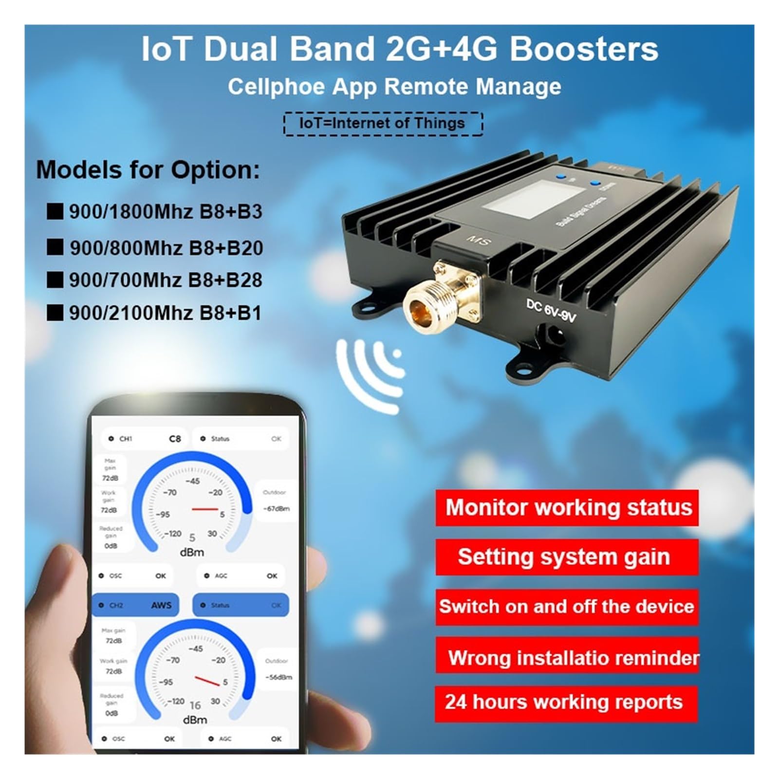 Amplificador De Señal For Celular Doméstico, 4G, 5G, 700 MHz, 2100, Repetidor LTE B1 B28, LCD, Gestión Remota Por Aplicación Cobertura más amplia(900-1800Mhz B8-B3)
