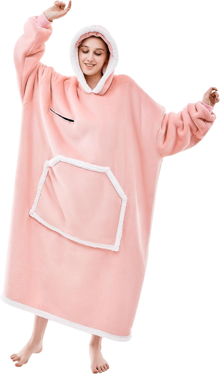 IFNOW Wearable Blanket Hoodie, Oversized Sherpa Fleece Hooded Sweatshirt with Eye Mask, Cozy and Giant Blanket Hoodie with Sleeves Extra Long for Adults Men Women, Pink