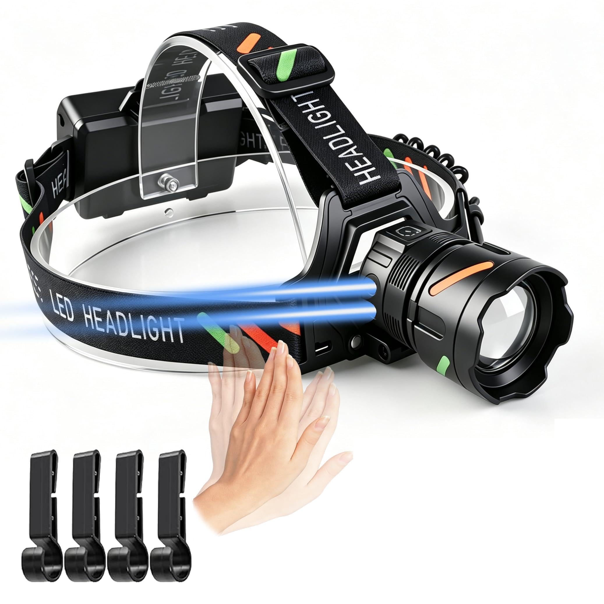 Legisgiant Rechargeable LED Head Torch, 100000 LM, 5 Modes, 30 Hours Runtime, IPX7 Waterproof, Zoomable, Red Warning Light for Running, Hiking, Fishing (Multi-Color-A)