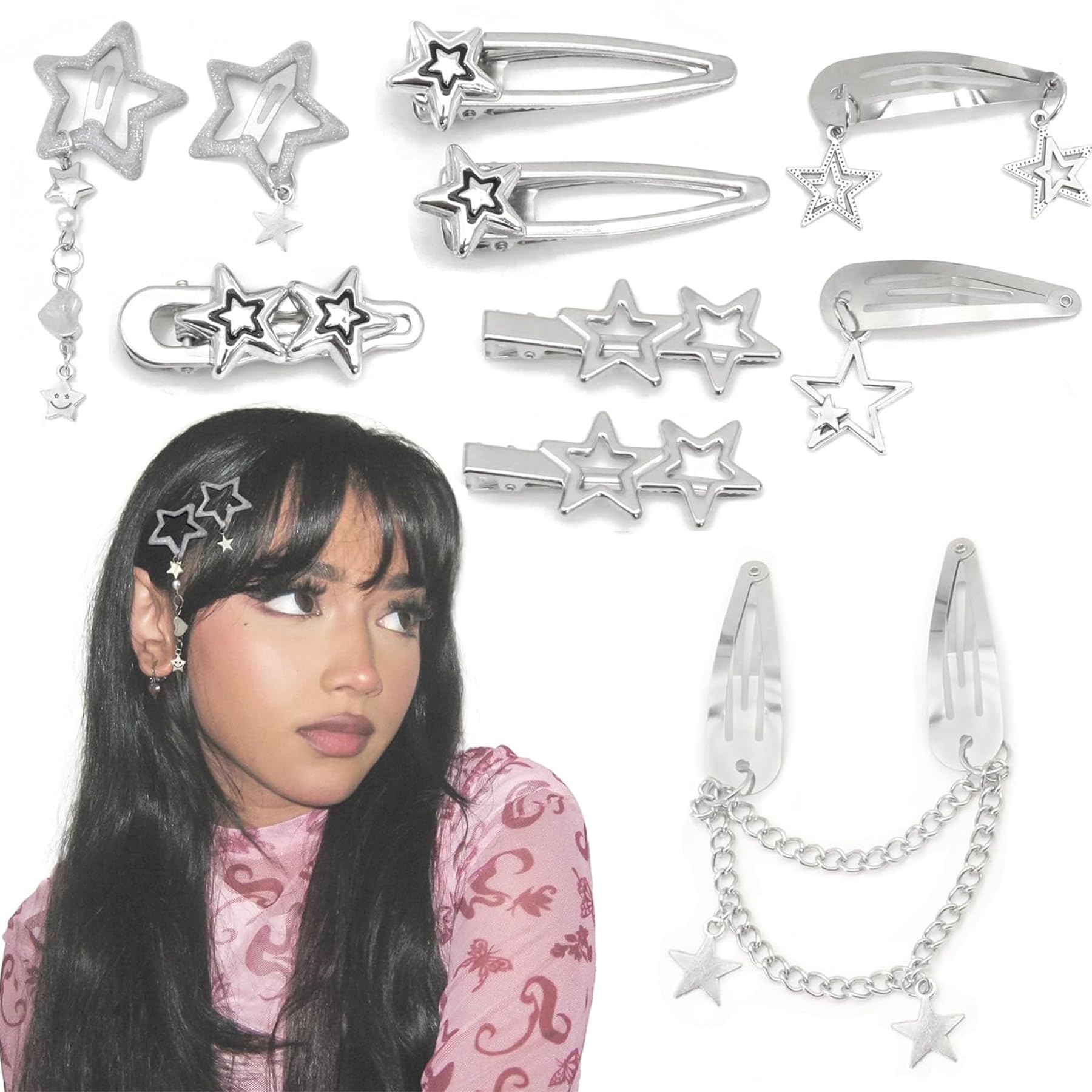 Umimiss Star Hair Clips - Set of 10pcs Y2K Metal Snap Hair Accessories, Kawaii for Girls & Women, Suitable for All Ages for Her