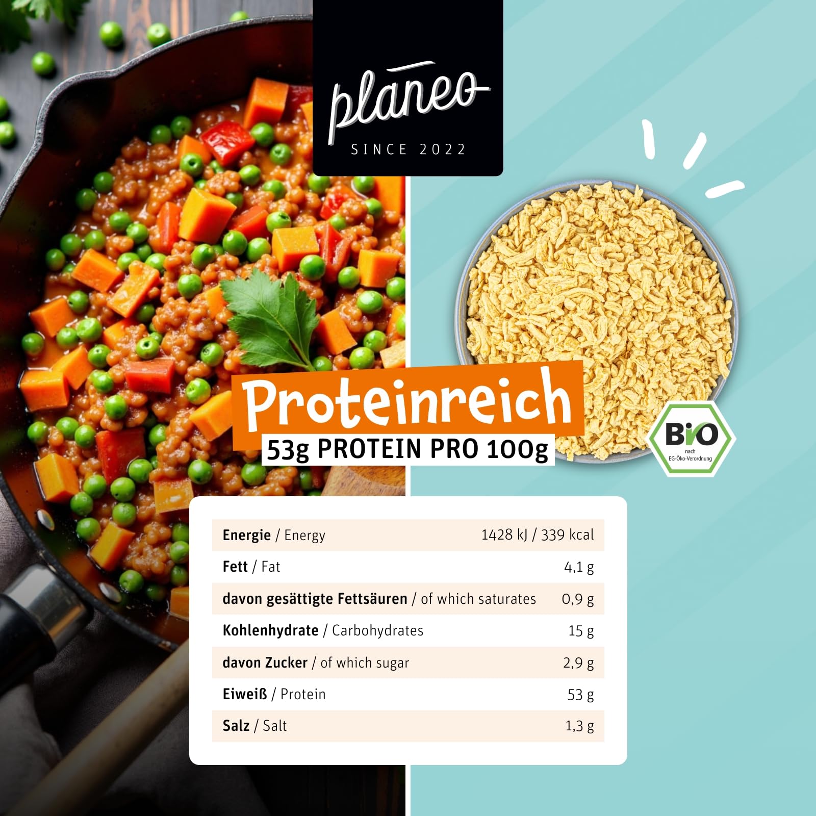 Planeo BIO Erbsen Granulat 2 x 1kg – Proteinreicher Hackfleischersatz mit über 50% Eiweiss, ideal für vegane Bolognese & Burger, aus Bio-Erbsen- und Ackerbohnenprotein