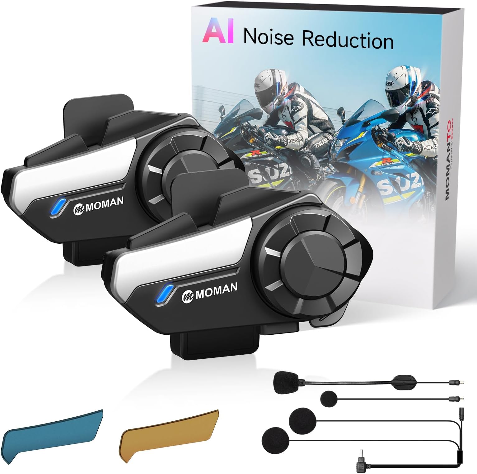 Moman Motorcycle Intercom, H2S【H2PRO Upgrade】 Motorbike Helmet Speaker 2-Way 1000M Communication Headset with Triple Noise Cancellation/Audio Multitasking/Hi-Fi/Music Sharing/FM/AI Voice, 2 Pack