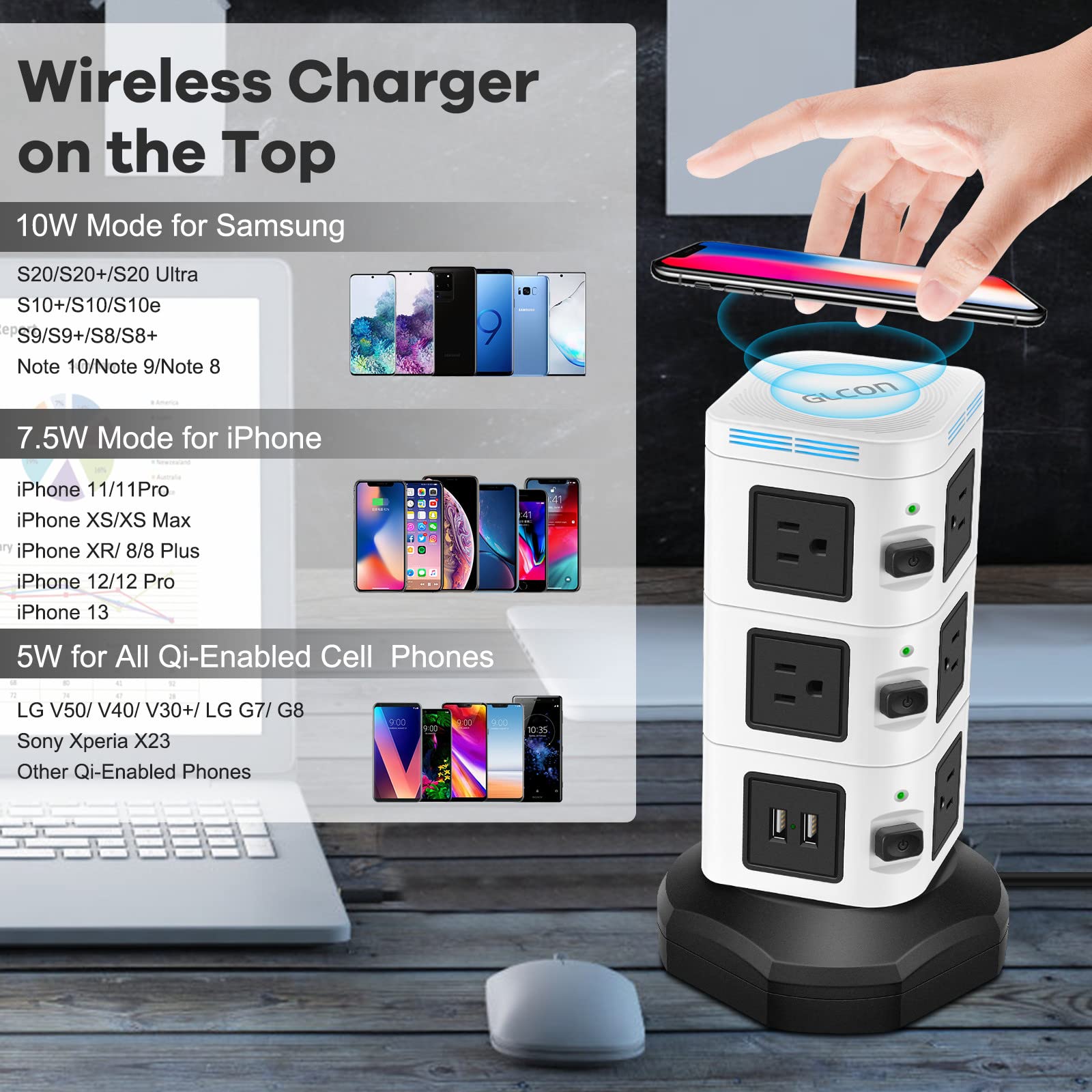 Buy Power Strip Tower Surge Protector with Fast Wireless Charger, 10