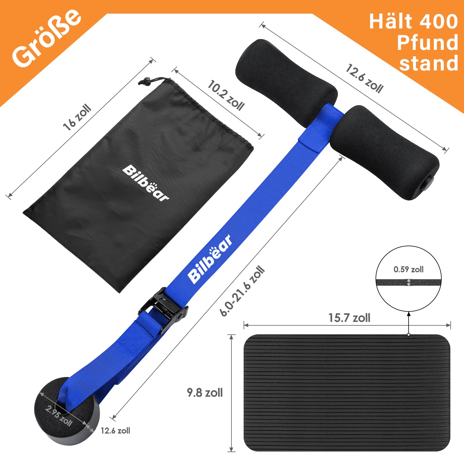 Bilbear Sangle Nordique Réglable + Tapis à Genoux – Idéal Pour Boucles Ischios, Abdos Et Étirements à La Maison, Compact Et Portable