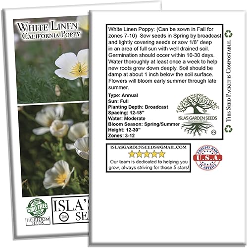 Miniatura 8 de White Linen - Semillas de amapola de California para plantar, más de 1000 semillas de flores por paquete, semillas de jardín de Isla, semillas sin