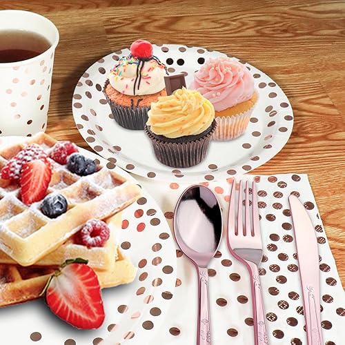 Vista 13 de Juego de vajilla desechable dorada de 176 piezas y vajilla desechable de punto dorado para fiesta, platos de papel negro, servilletas, vasos, 176