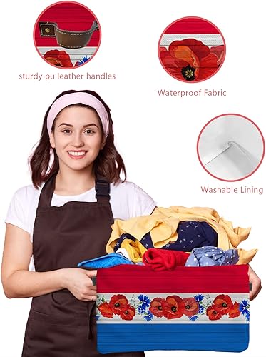 Miniatura 4 de Cesta de almacenamiento floral de American Independence para estantes, color azul y blanco y rojo, con diseño de amapolas de madera retro, cubos de