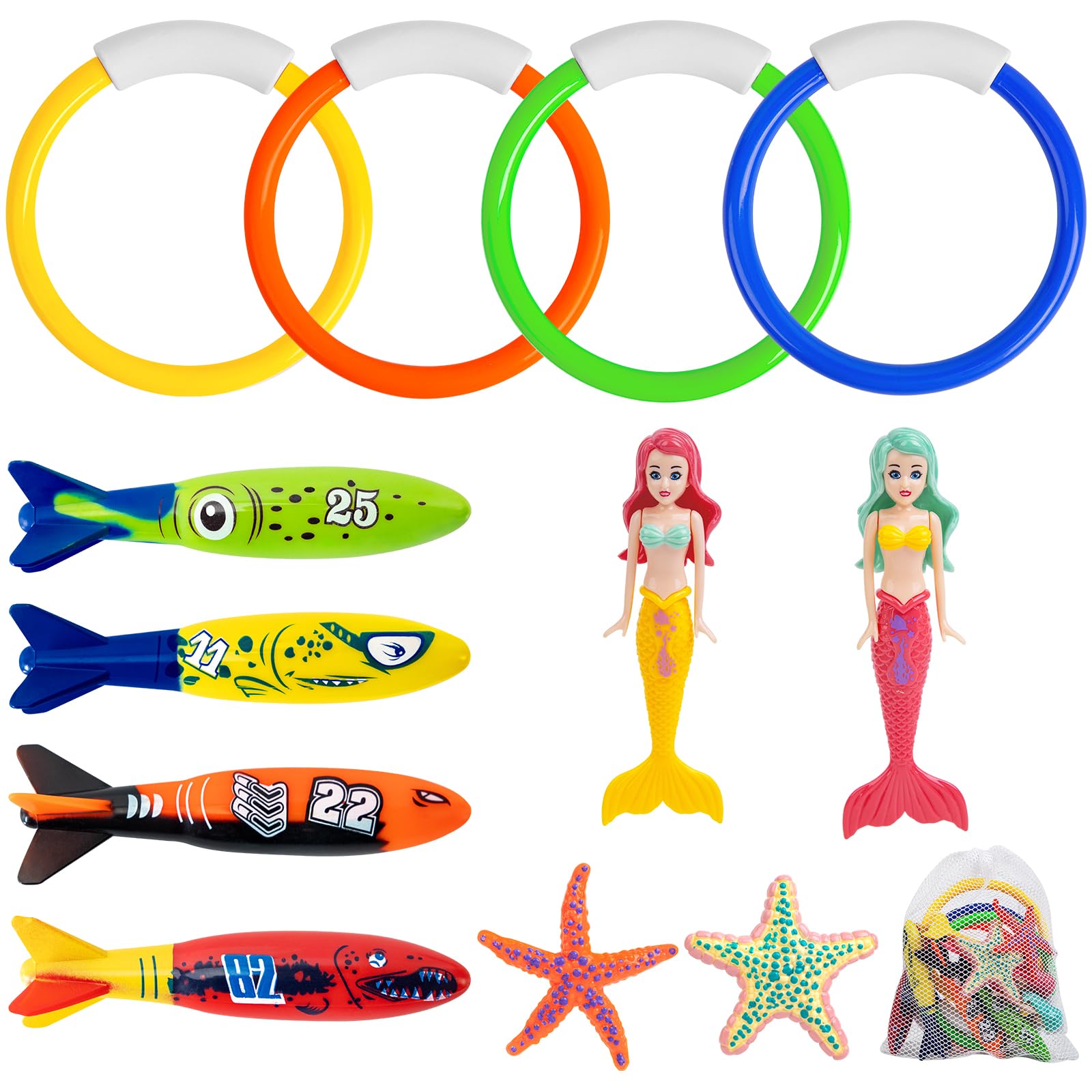 Woltoy Juegos Piscina Juguetes,12 Piezas Juguete Piscina, Divertidos Juegos de Piscina para Niño Juguetes Que Incluyen 2 Sirenas, 4 Ladrones de Torpedos, 4 Anillos De Buceo, 2 Estrellas de Mar