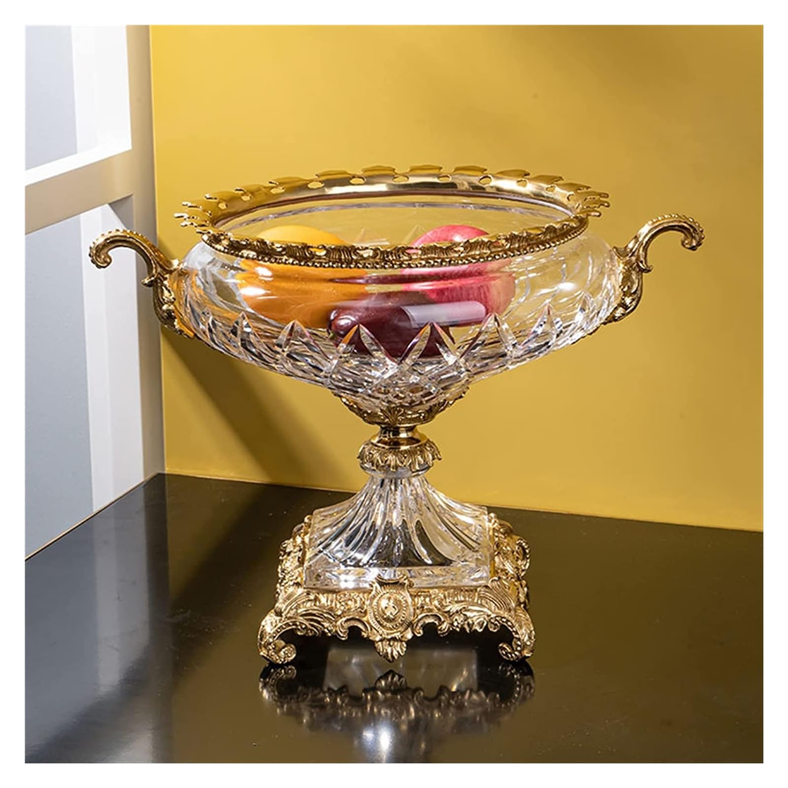 Bol à Fruits Assiette à Fruits Ronde en Verre Transparent, Salon Familial, Salle à Manger, décoration de Dessus de Table, Assiette à Fruits, Fond en Laiton pour Le Salon et la Cuisine