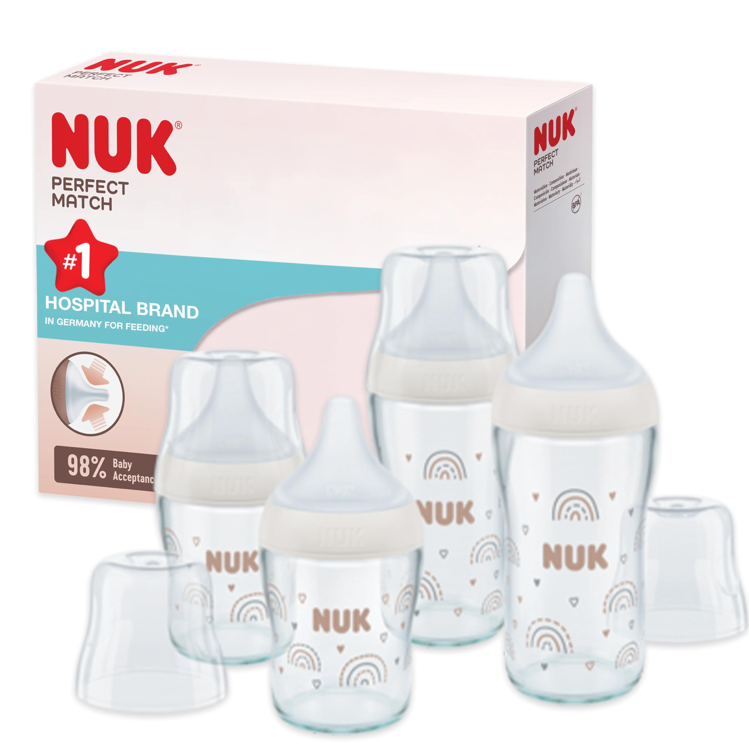 NUK Perfect Match Glass Baby Bottle Set | From 3 Months | Adapts to Baby | Temperature Control | Anti-Colic | 120ml and 230ml | BPA Free | Silicone Teat | Rainbow | Pack of 4