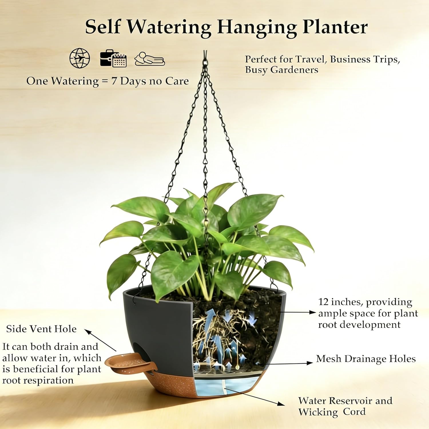 12 Inch Self Watering Hanging Planters 2 Pack, Indoor Outdoor Hanging Pots for Plants with Drainage Holes & Saucers, Black Brown Plastic Hanging Baskets for Kitchen Balcony Garden
