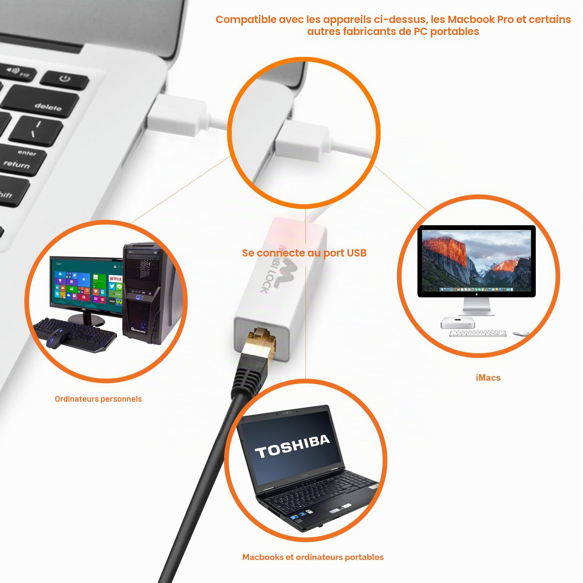 Mobi Lock Adaptateur Réseau USB Ethernet USB 2.0 pour Ordinateurs Portables Windows 7-11 Mac OS X