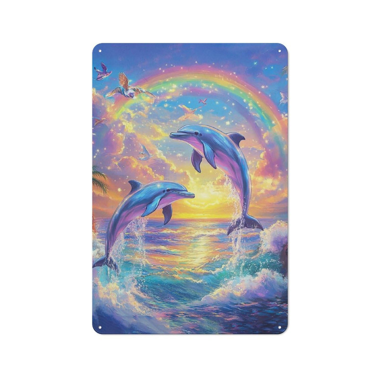 Junmoney Dolphins Jumping Rainbow Sunset Tin Wall Plaque 30X20cm With For Dining Room Or Kitchen, Winter Wall Decor For Dining Room Decor Fans