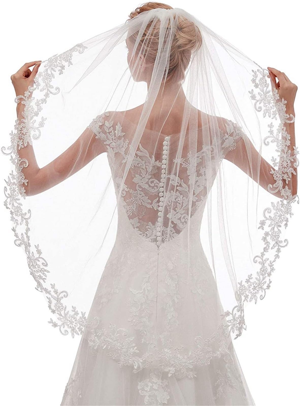 Genérico Velo de novia hasta el codo for novia, velo de novia con apliques de Cachemira de algodón y borde de 1 capa