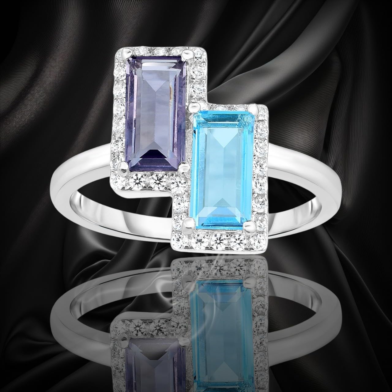 925 Sterling Silver Simulated Amethyst, Blue Topaz Baguette Ring, 1-1/4 ct, Size 7