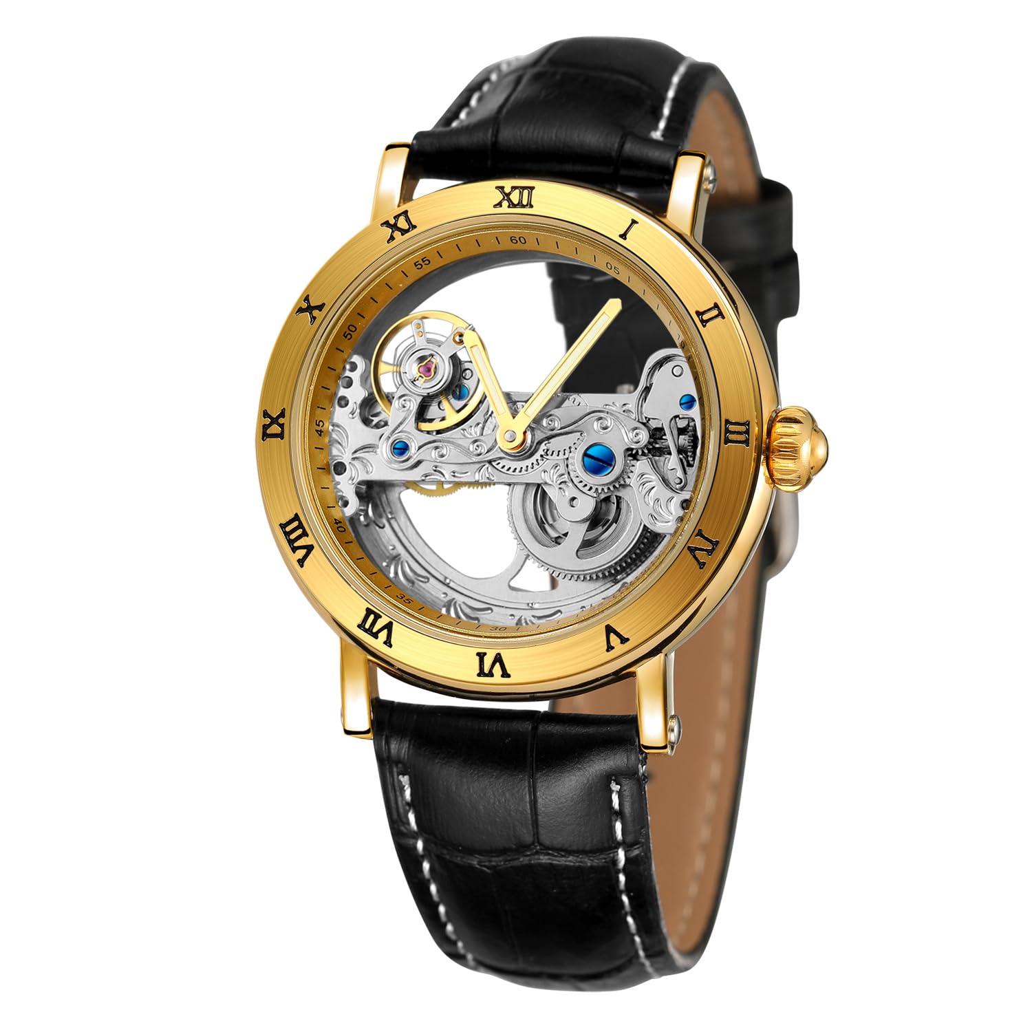 FORSINING Reloj de esqueleto de diseño único con movimiento automático y esfera analógica, estilo popular, con correa de cuero