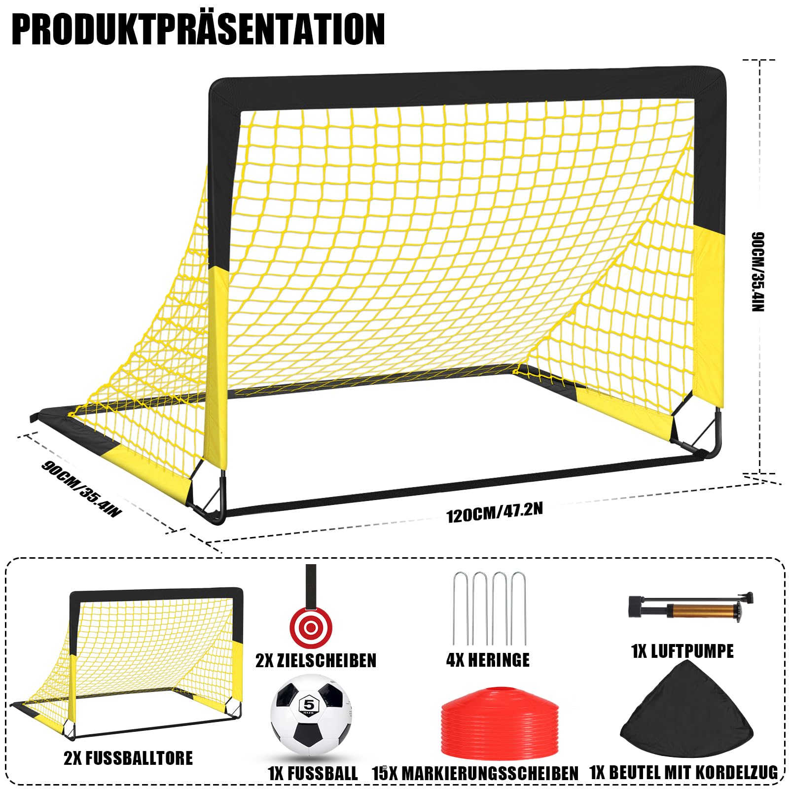 Fußballtor Garten 120x90cm, Fußballtore für Garten Training Set, Fussballtor Outdoor inkl. Fußball, Bullseye, Scheiben & Erdanker, Tolles Fußball Geschenk für Park, Strand