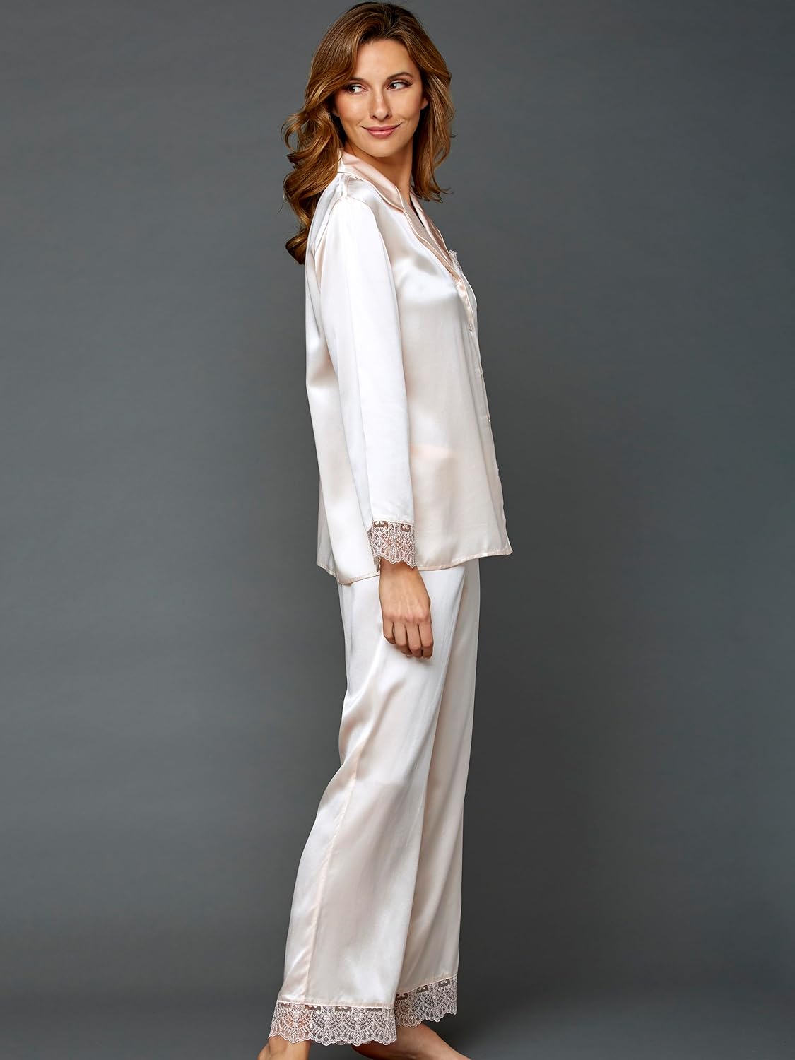 Julianna Rae 100% Silk Pajama, Lace Trim, Drawstring Waist, Relaxed Fit, Sleep-In - Image 4