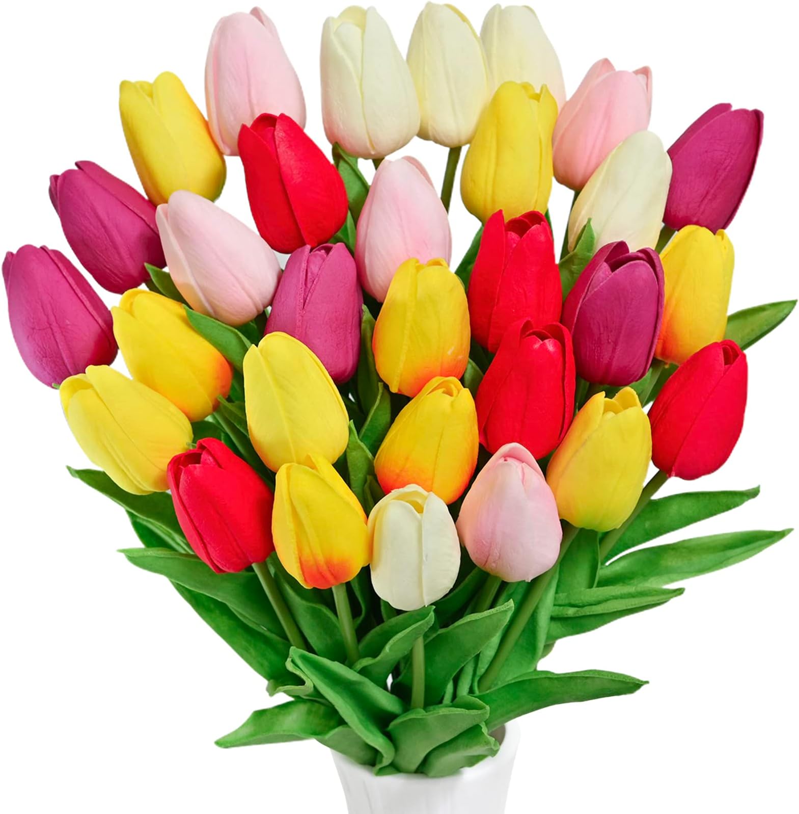 JIFTOK 30pcs Multicolor Fake Tulips Artificial Flowers for Decoration, Faux Flowers Silk Tulips Real Touch Flower Arrangement for Home Decor Indoor, Fake Flower Bulk for Thanksgiving Gift Vase Wedding