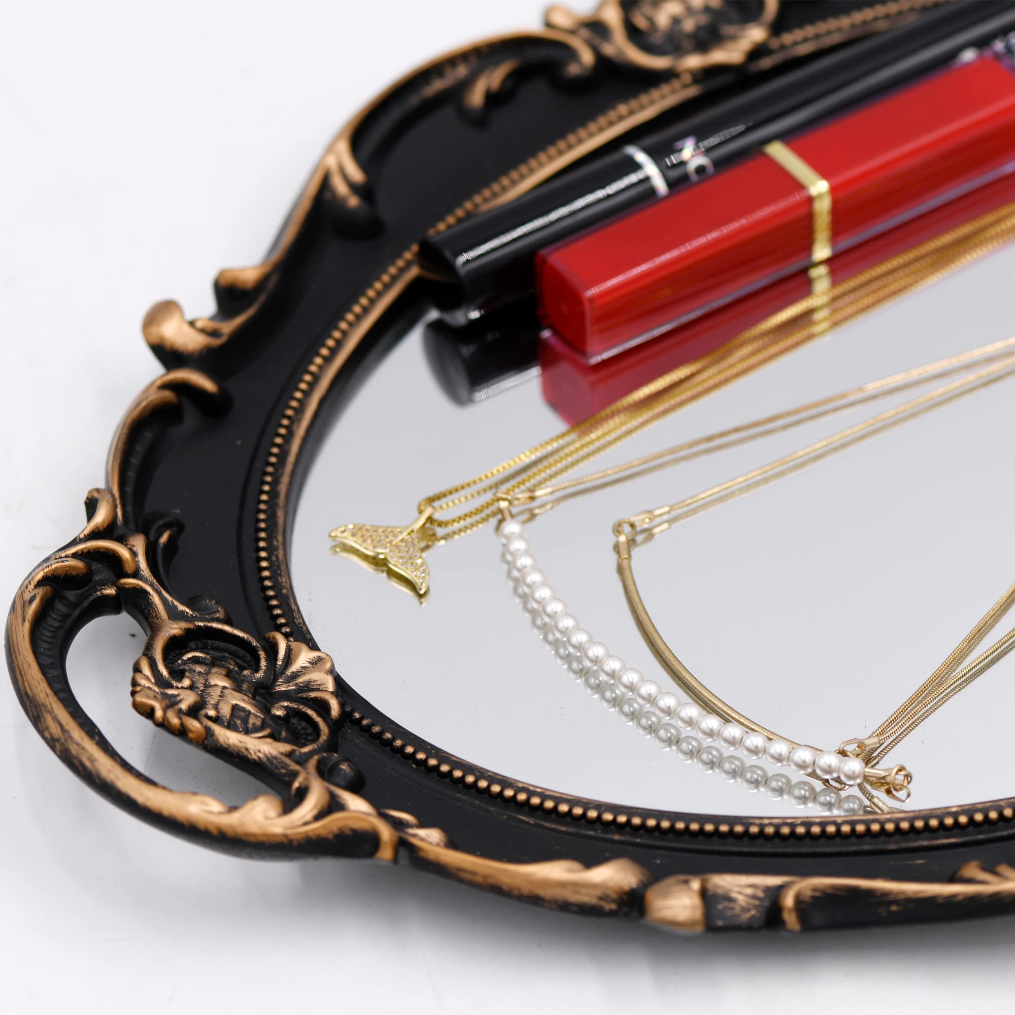 Plateau Miroir Décoratif Vintage Avec Cadre Doré - Organisateur Bijoux Et Cosmetics