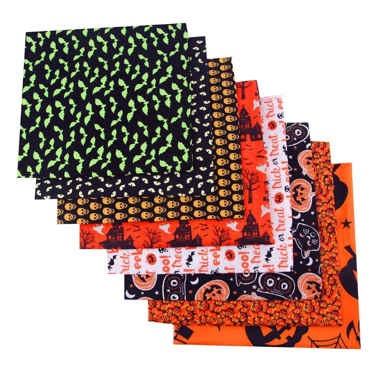 16Pcs Halloween Fat Quarter Fabric Bundles - Bat, Pumpkin, Ghost, Skull Print - DIY Decor & Quilting